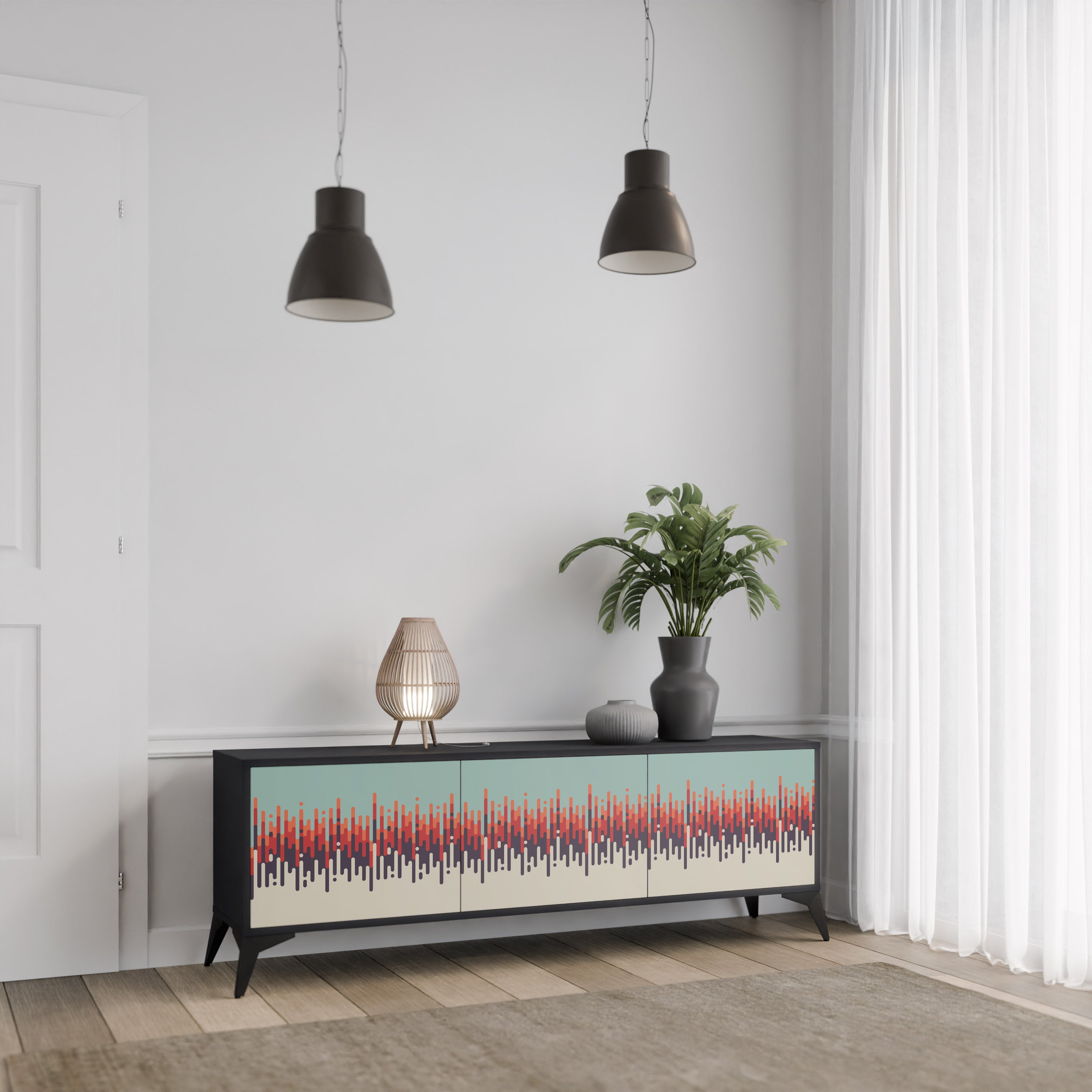 Mueble de TV de 3 puertas CHROMA CONTOURS con acabado negro