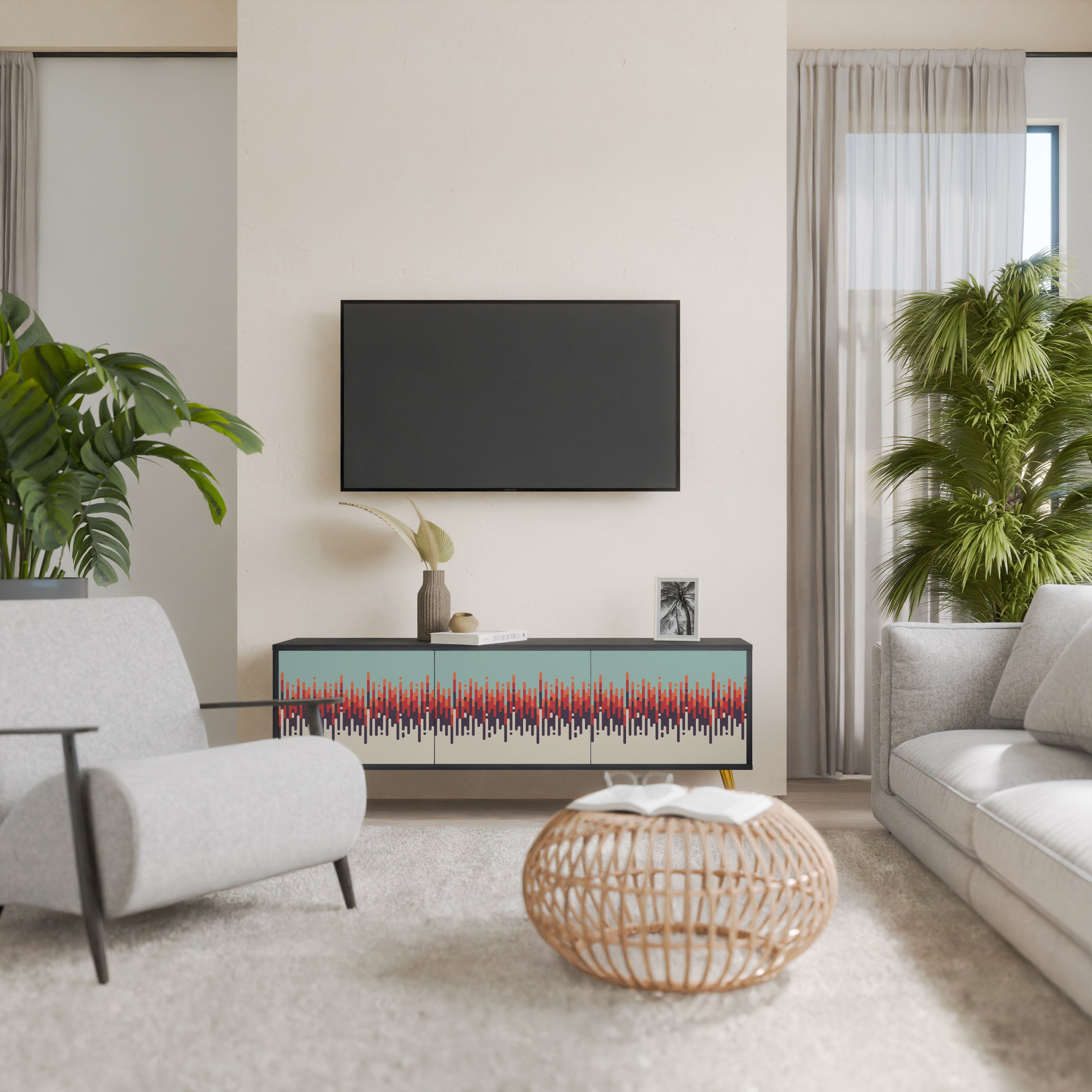 Mueble de TV de 3 puertas CHROMA CONTOURS con acabado negro