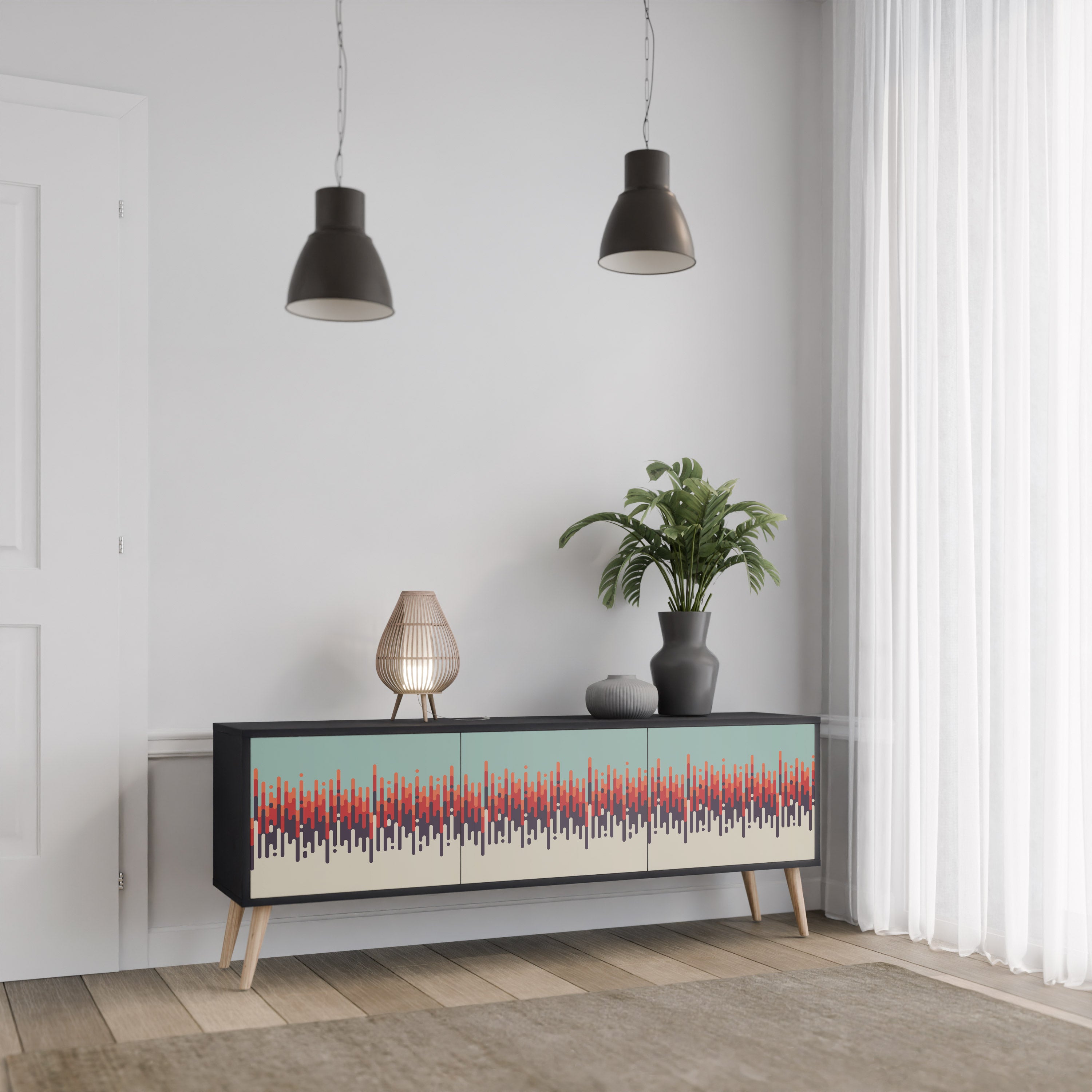Mueble de TV de 3 puertas CHROMA CONTOURS con acabado negro