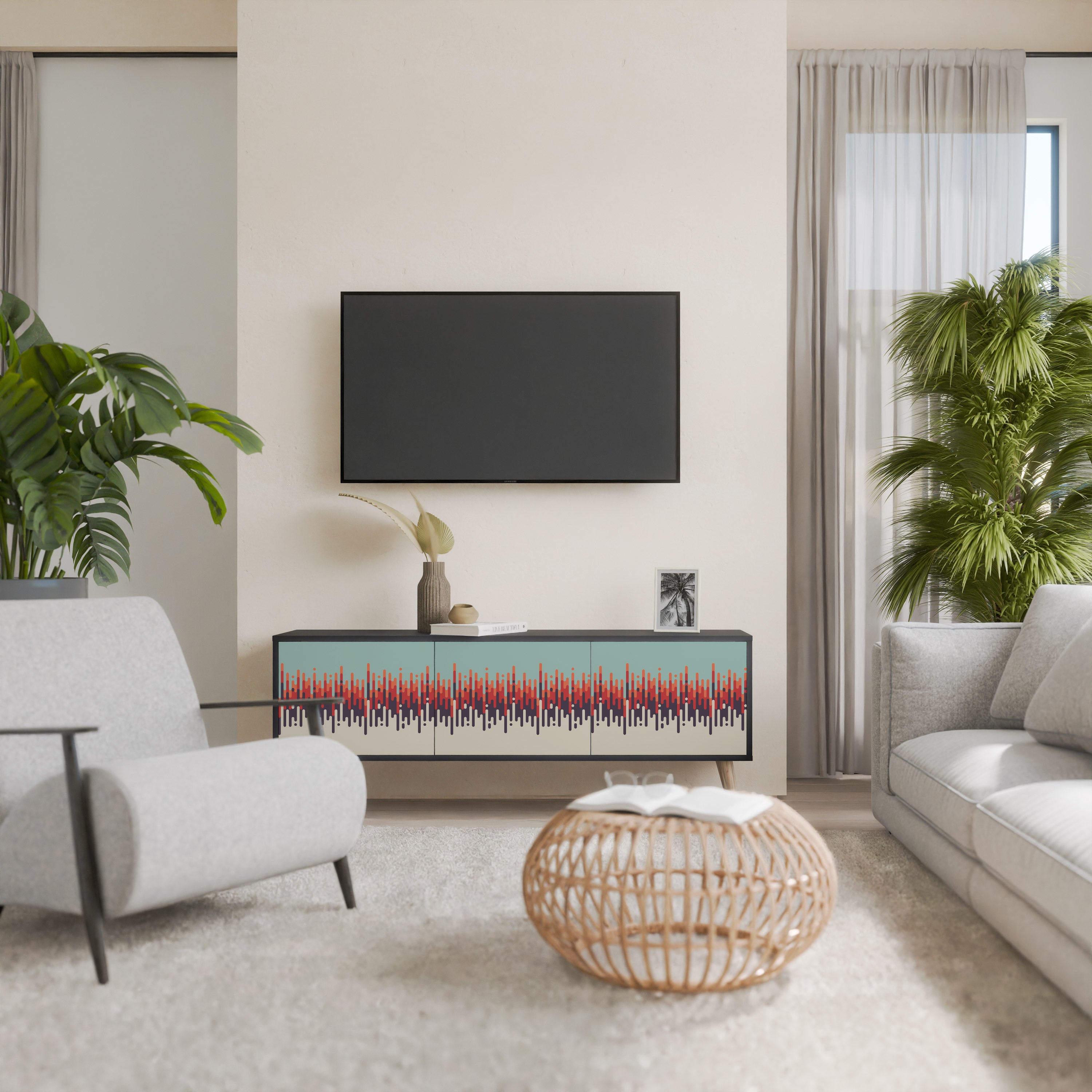 Mueble de TV de 3 puertas CHROMA CONTOURS con acabado negro