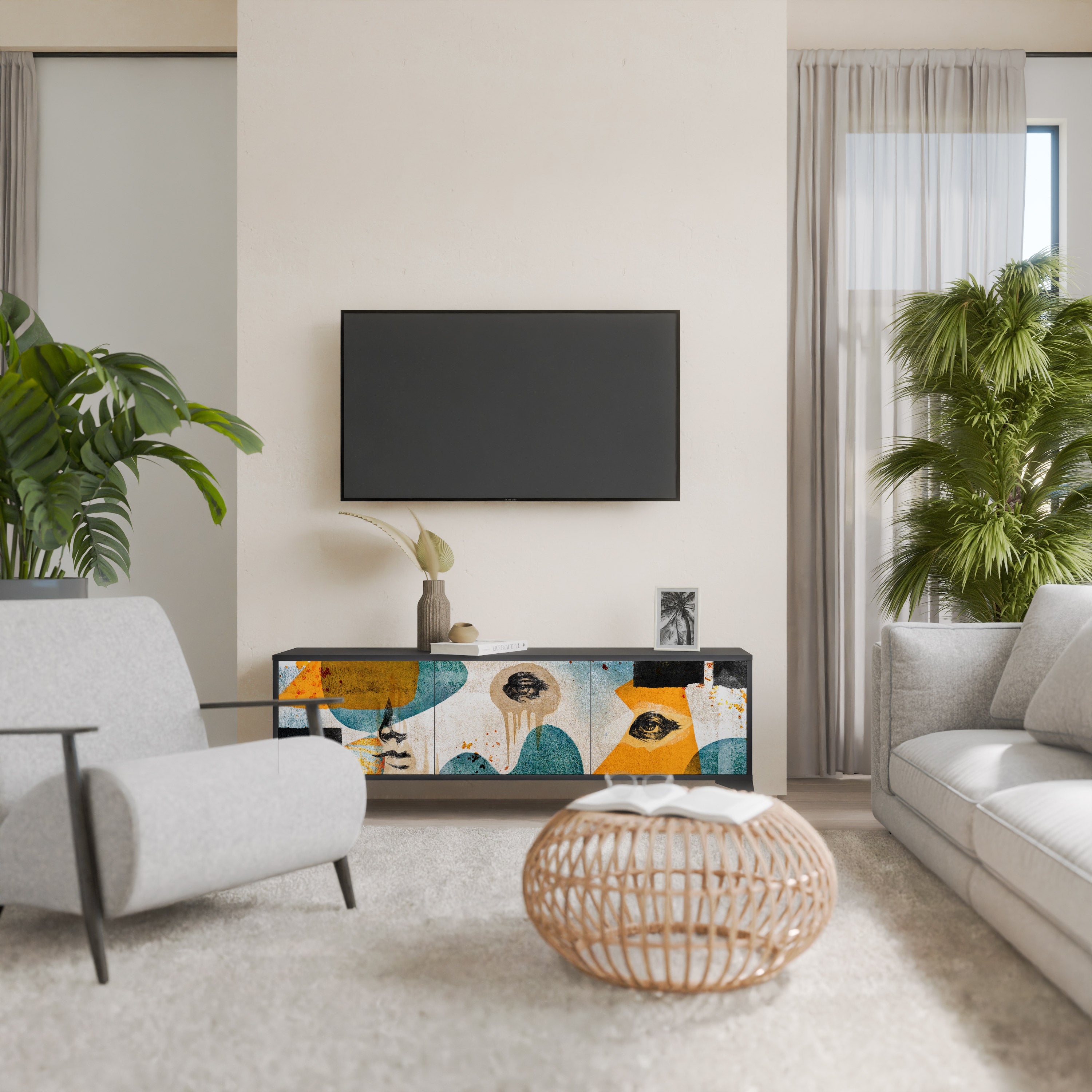 ABSTRACT FACES 3-Door TV Stand in Black Finish