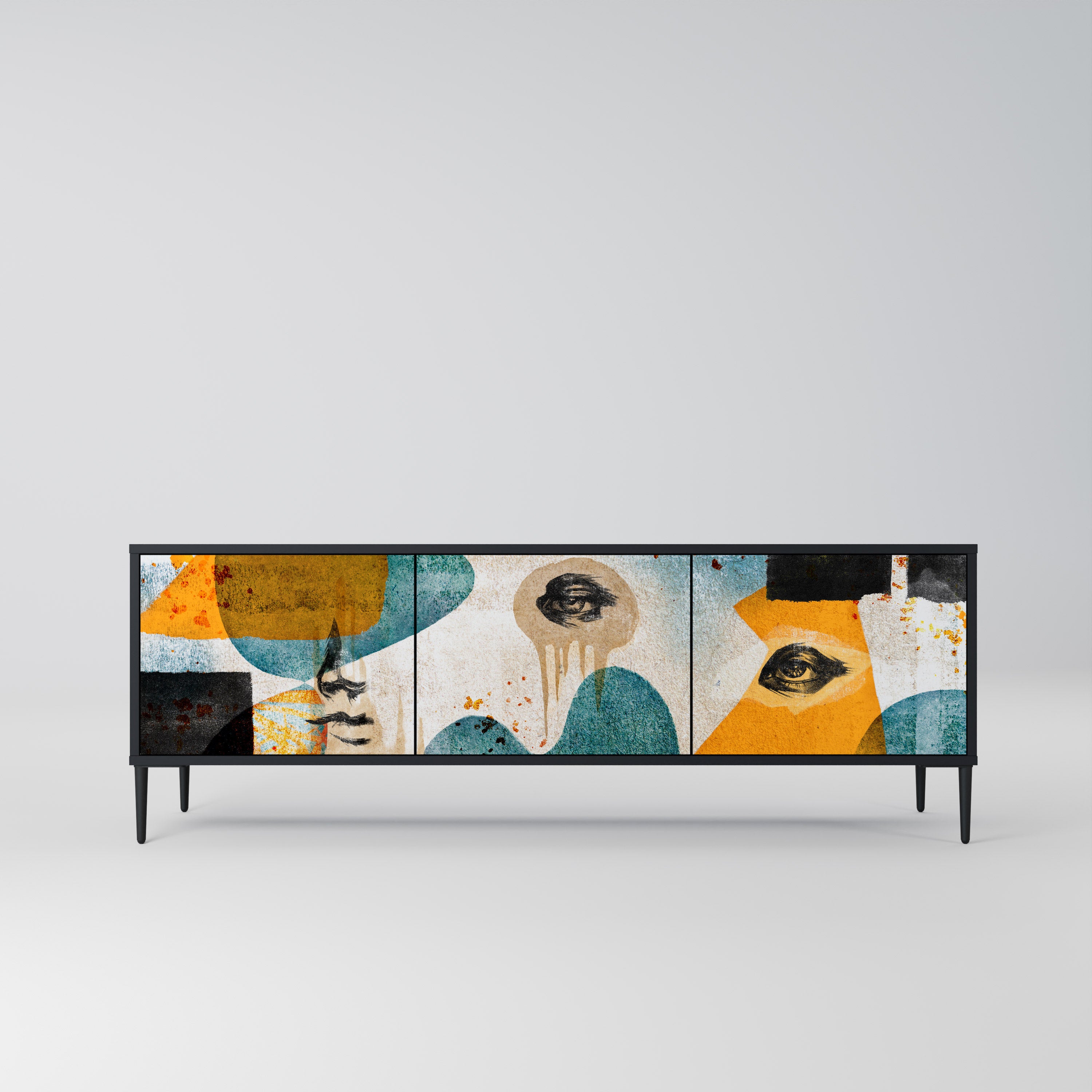 ABSTRACT FACES 3-Door TV Stand in Black Finish