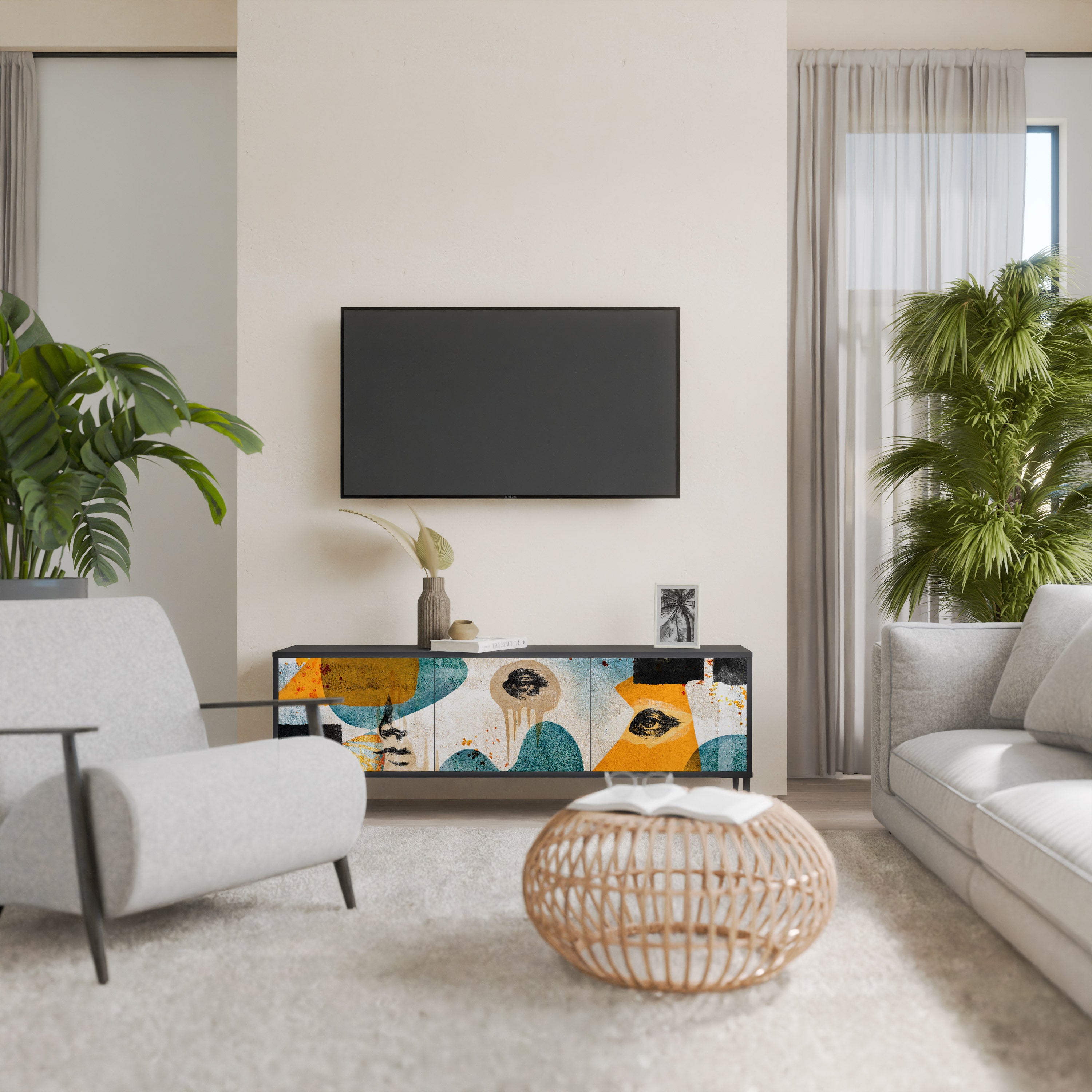 ABSTRACT FACES 3-Door TV Stand in Black Finish