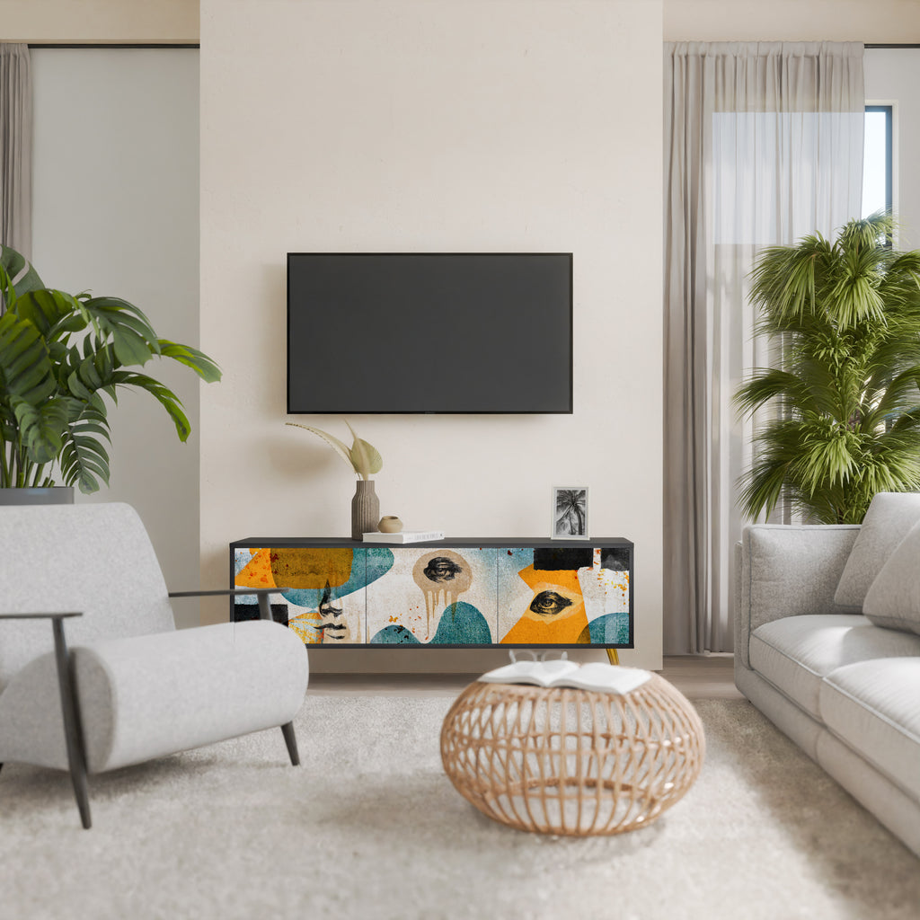 ABSTRACT FACES 3-Door TV Stand in Black Finish