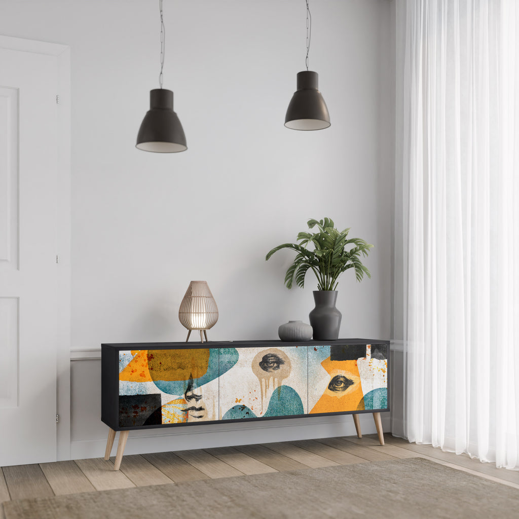 ABSTRACT FACES 3-Door TV Stand in Black Finish