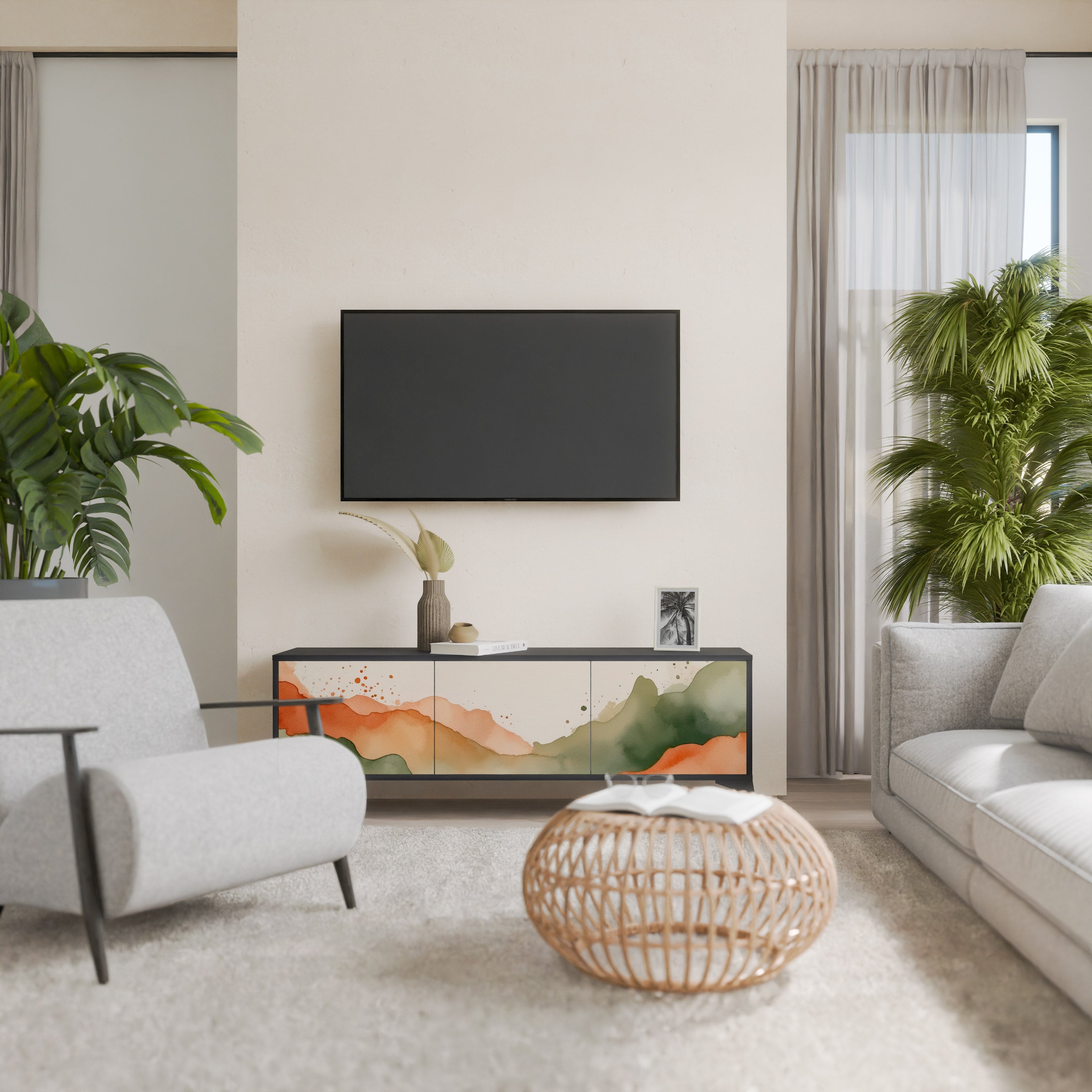 Mueble de TV WATERCOLOUR PEAKS de 3 puertas con acabado negro