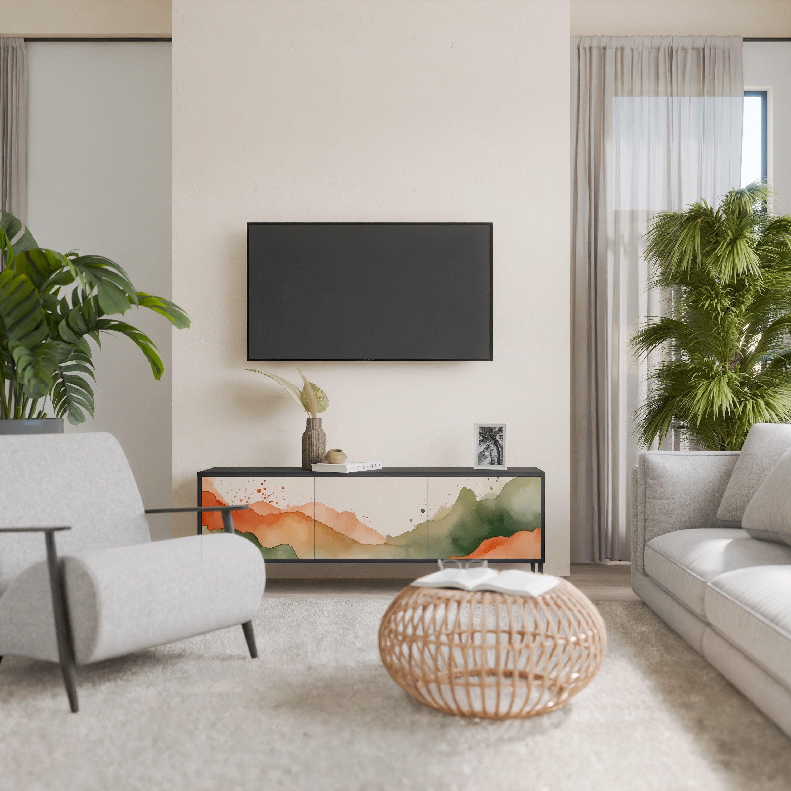 Mueble de TV WATERCOLOUR PEAKS de 3 puertas con acabado negro