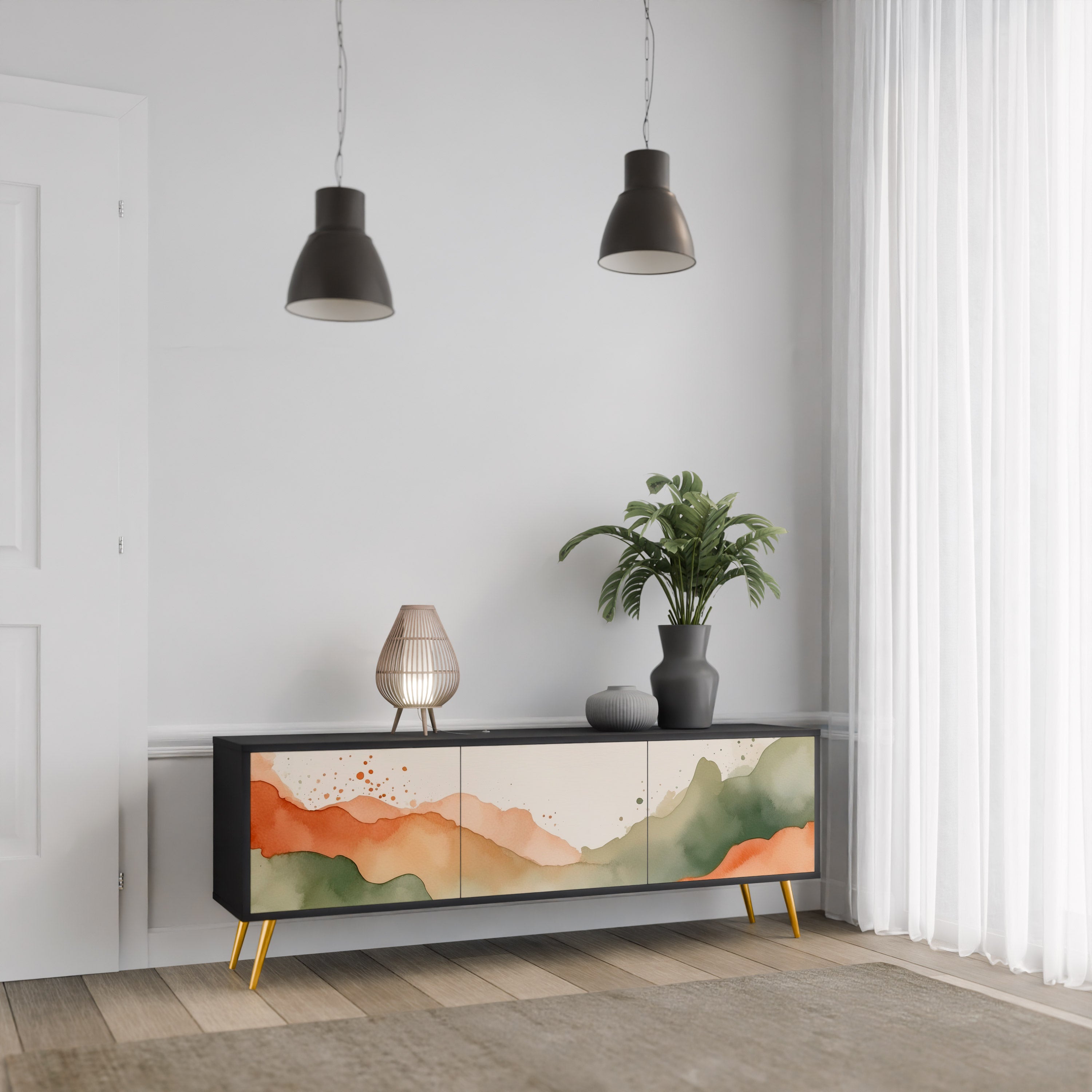 Mueble de TV WATERCOLOUR PEAKS de 3 puertas con acabado negro