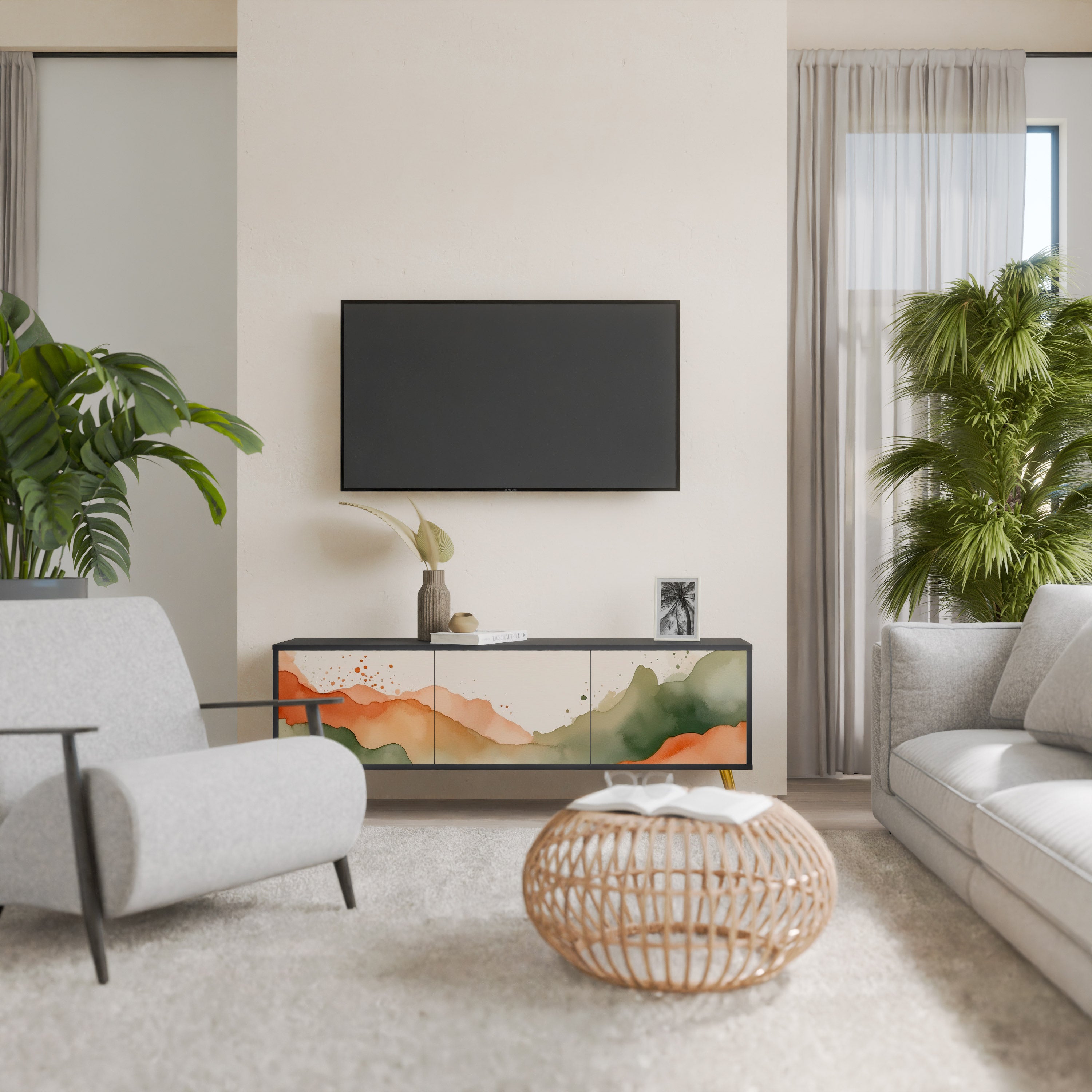 Mueble de TV WATERCOLOUR PEAKS de 3 puertas con acabado negro
