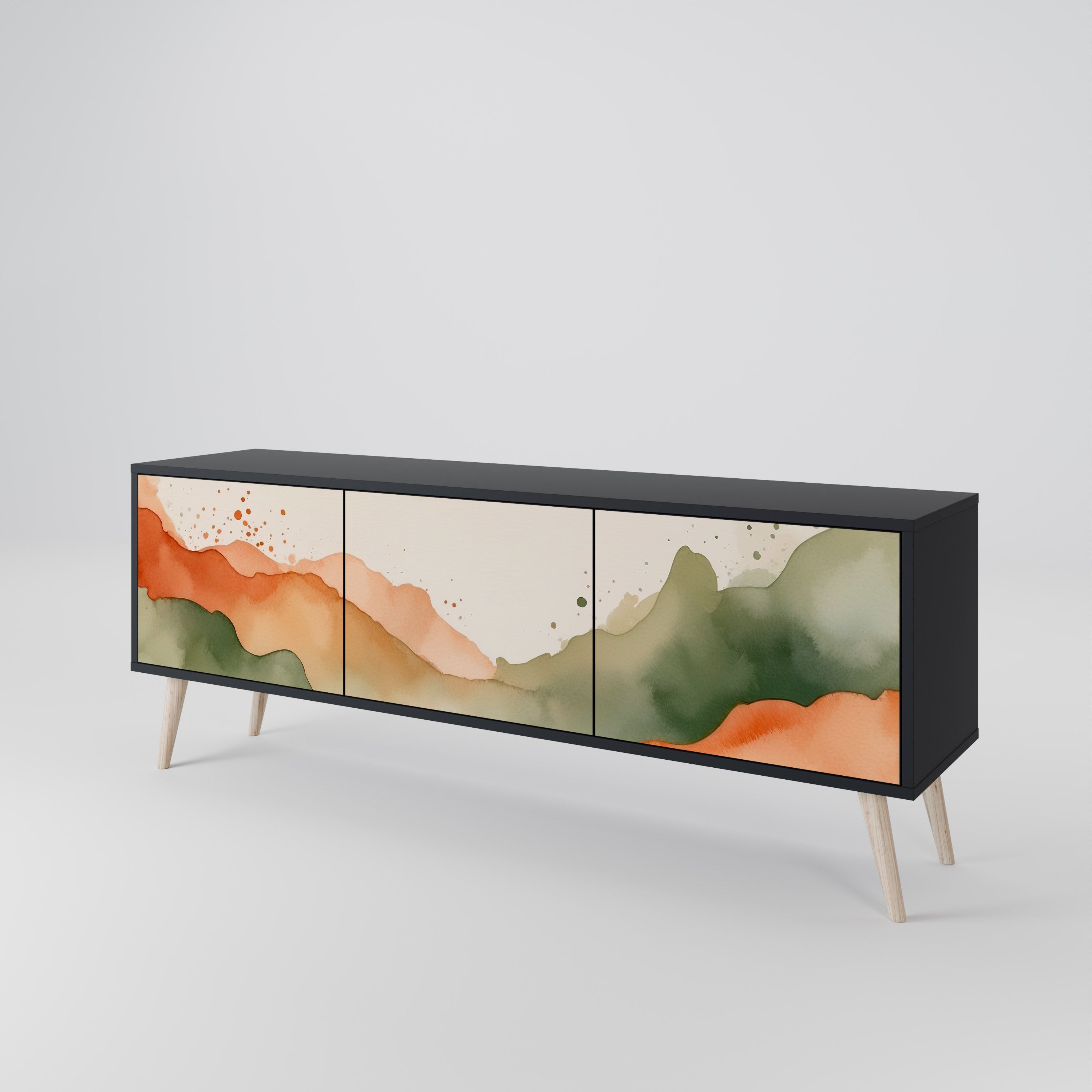 Mueble de TV WATERCOLOUR PEAKS de 3 puertas con acabado negro