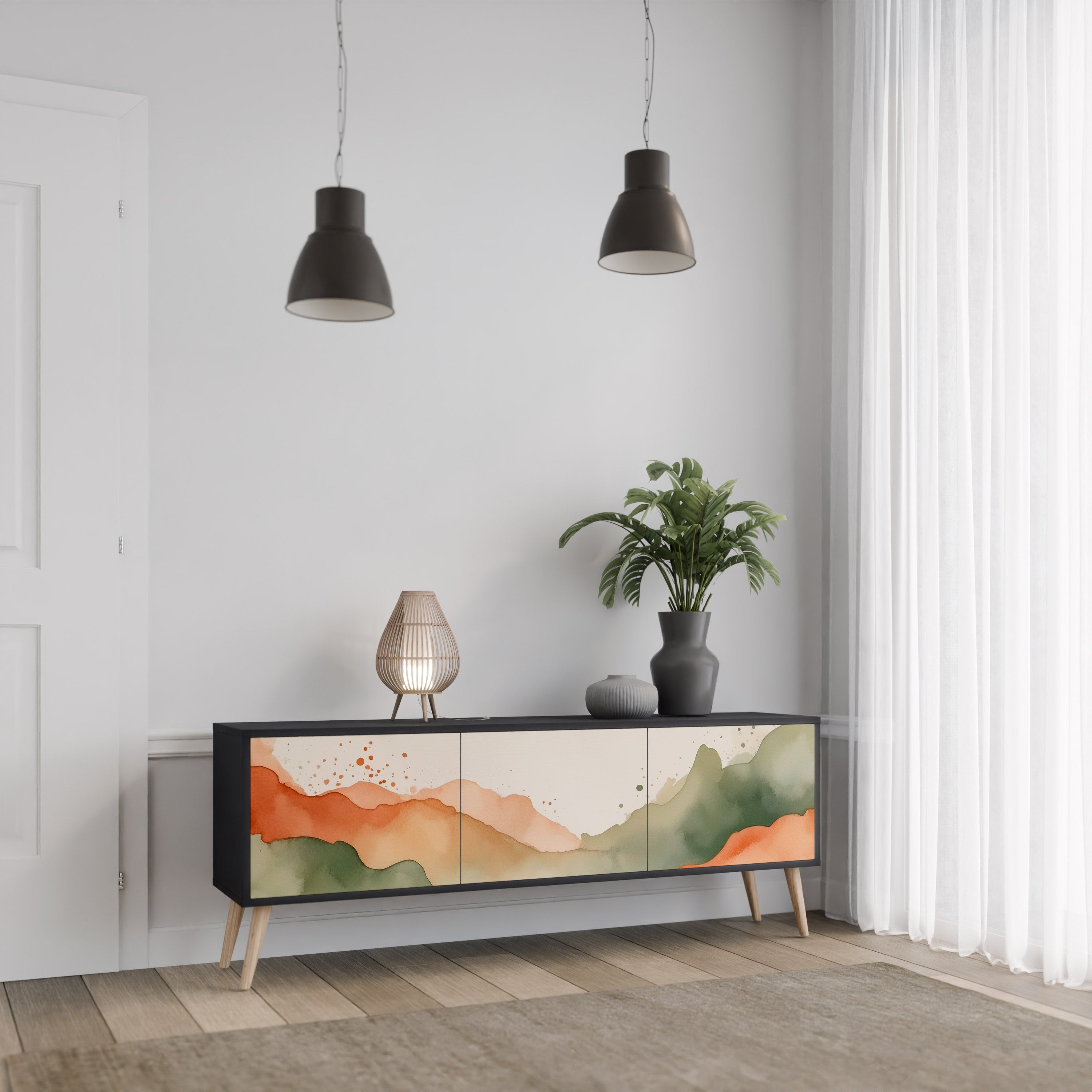 Mueble de TV WATERCOLOUR PEAKS de 3 puertas con acabado negro