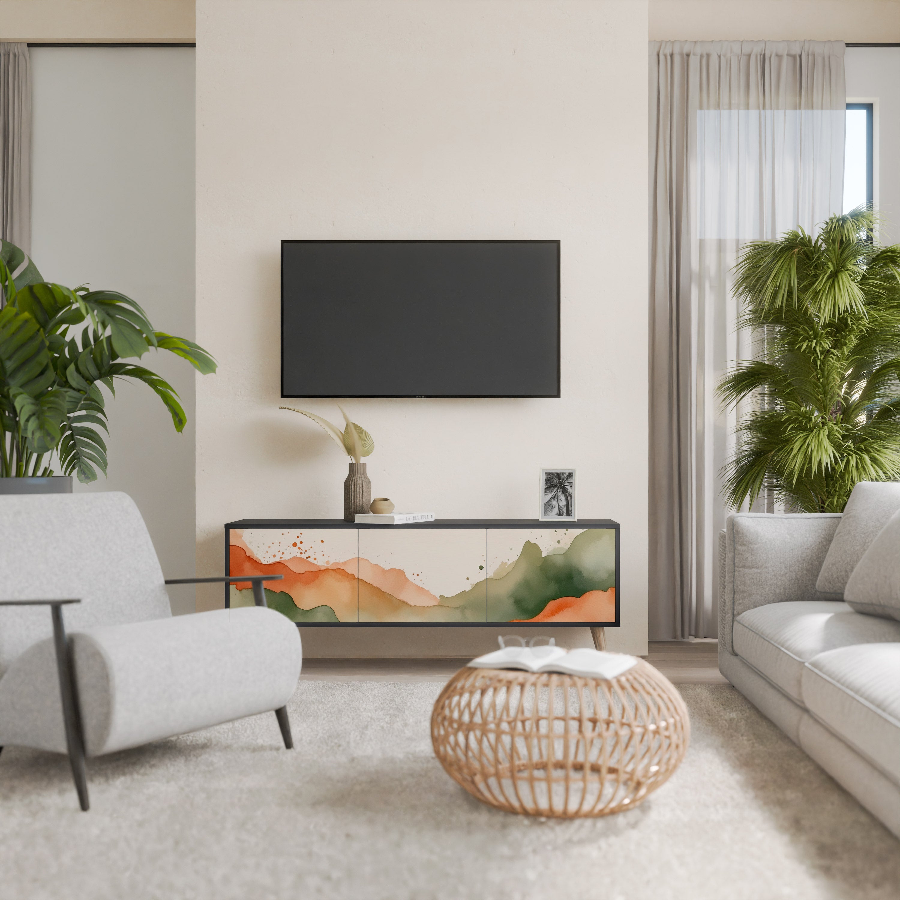 Mueble de TV WATERCOLOUR PEAKS de 3 puertas con acabado negro