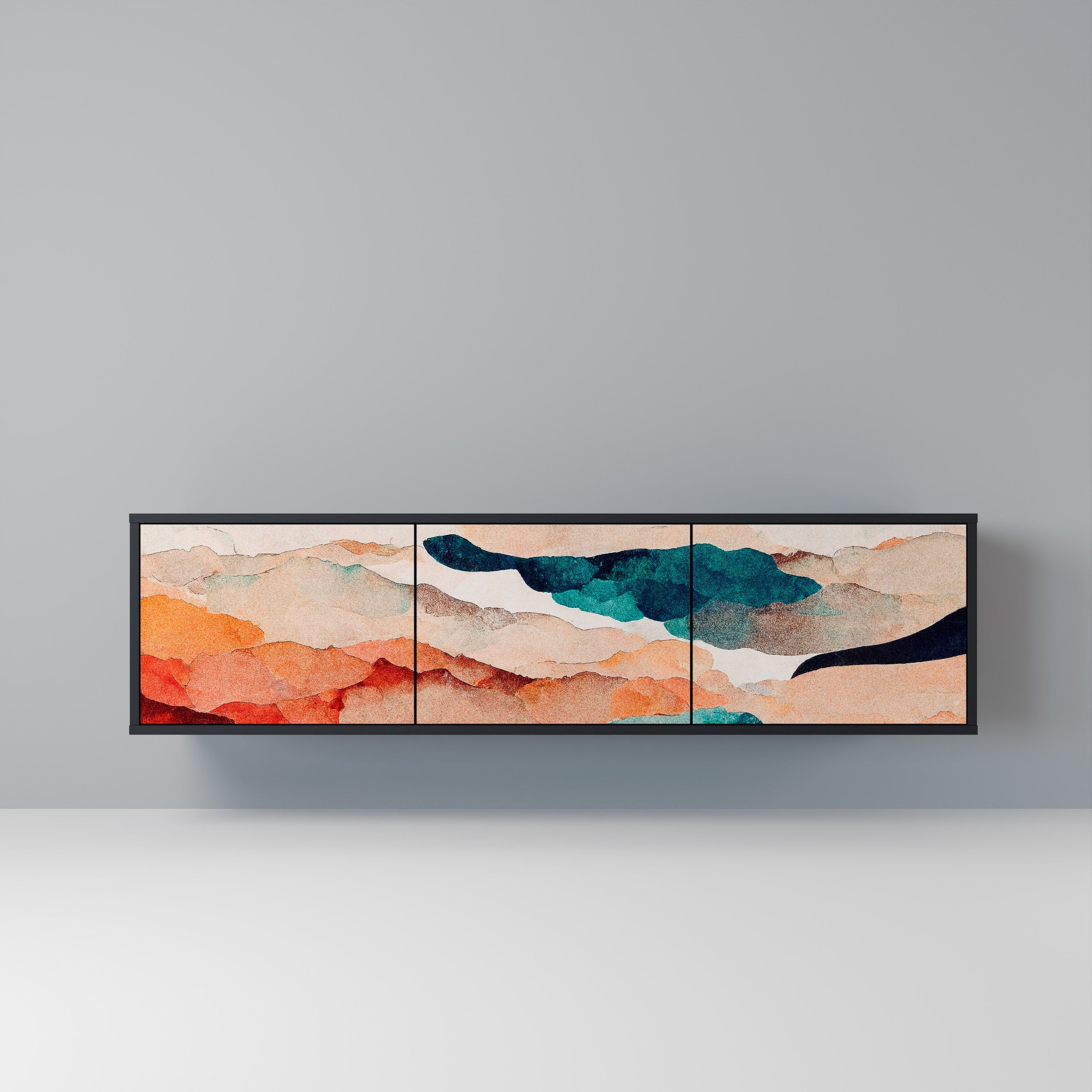 Mueble de TV de 3 puertas PAISAJE ABSTRACTO en acabado negro