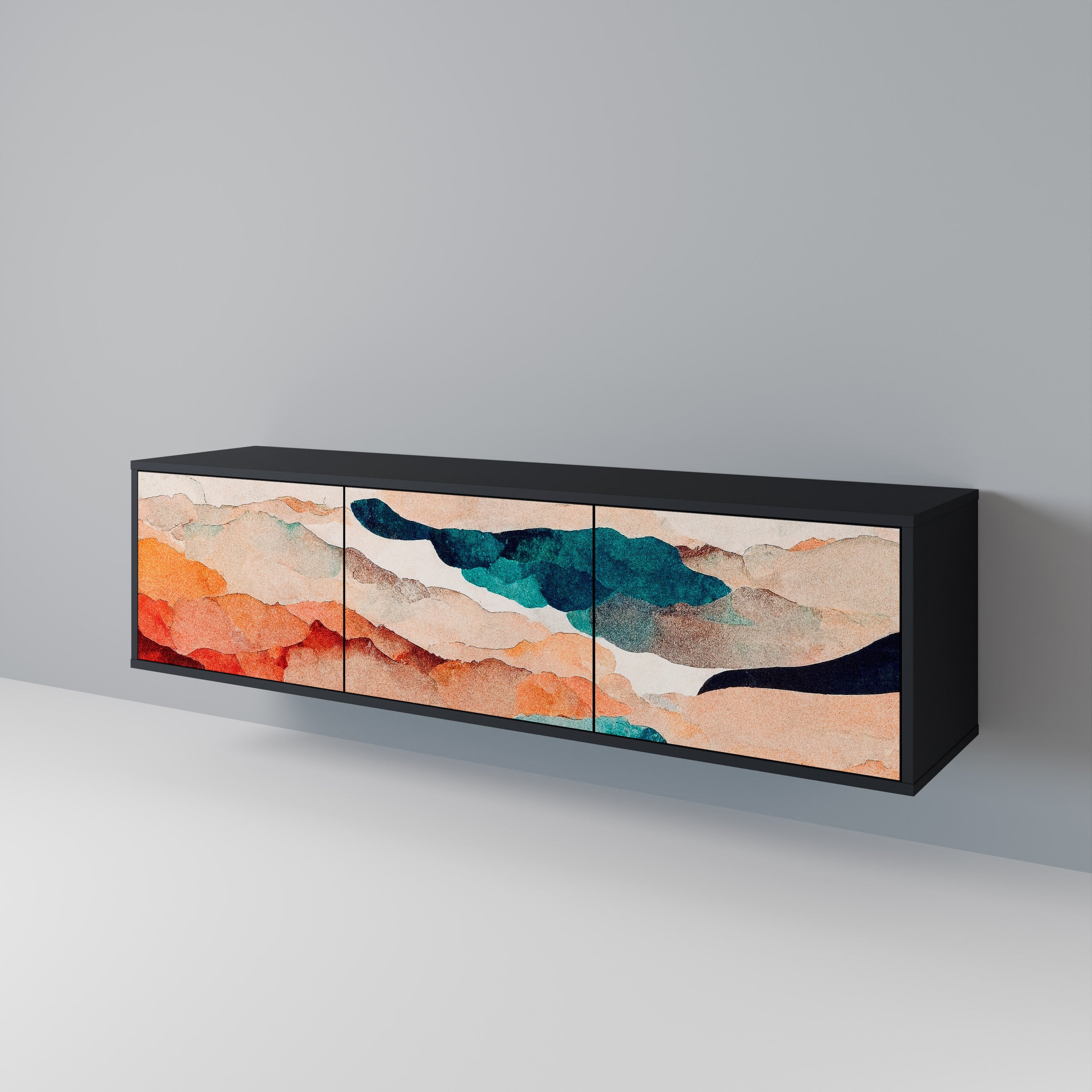 Mueble de TV de 3 puertas PAISAJE ABSTRACTO en acabado negro