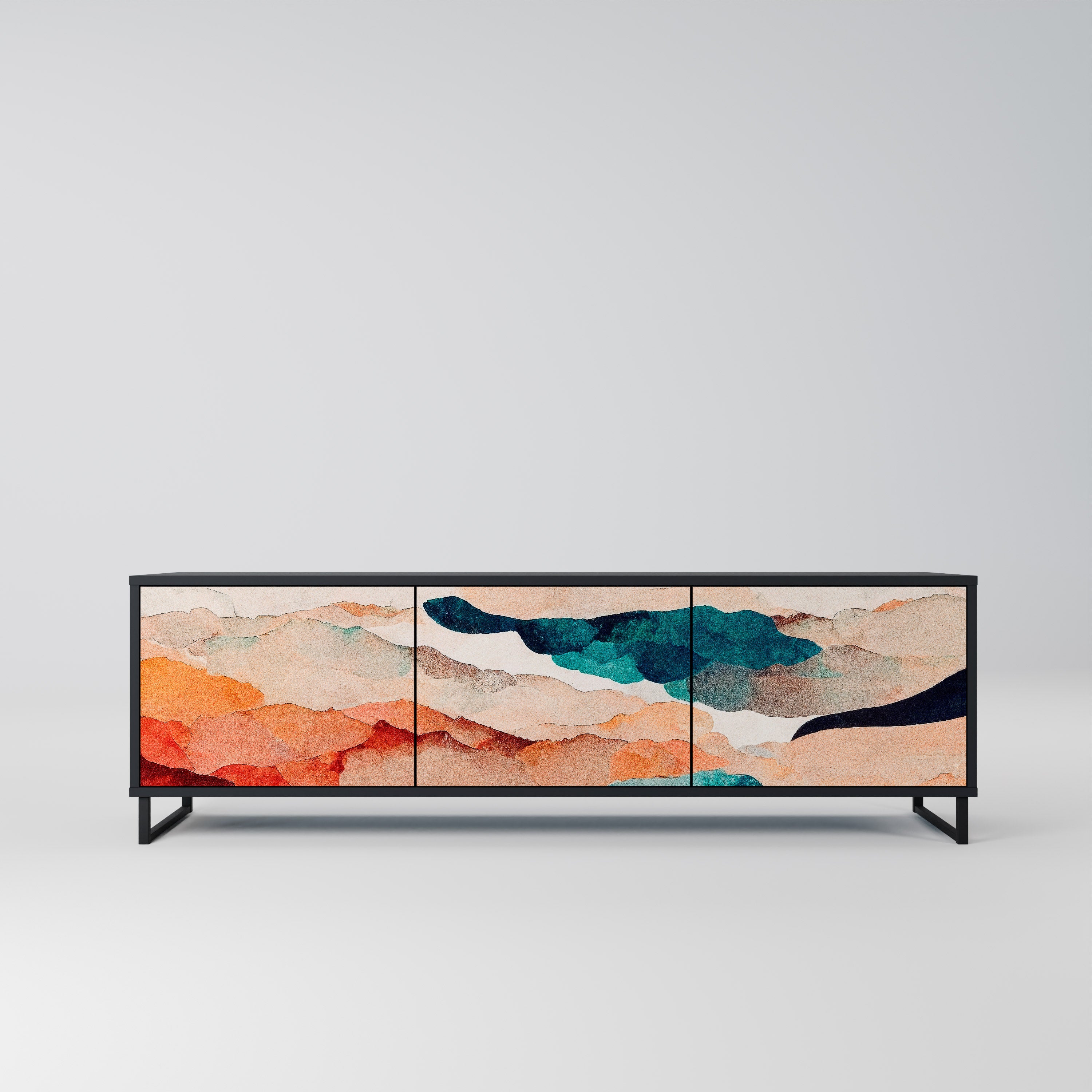 Mueble de TV de 3 puertas PAISAJE ABSTRACTO en acabado negro