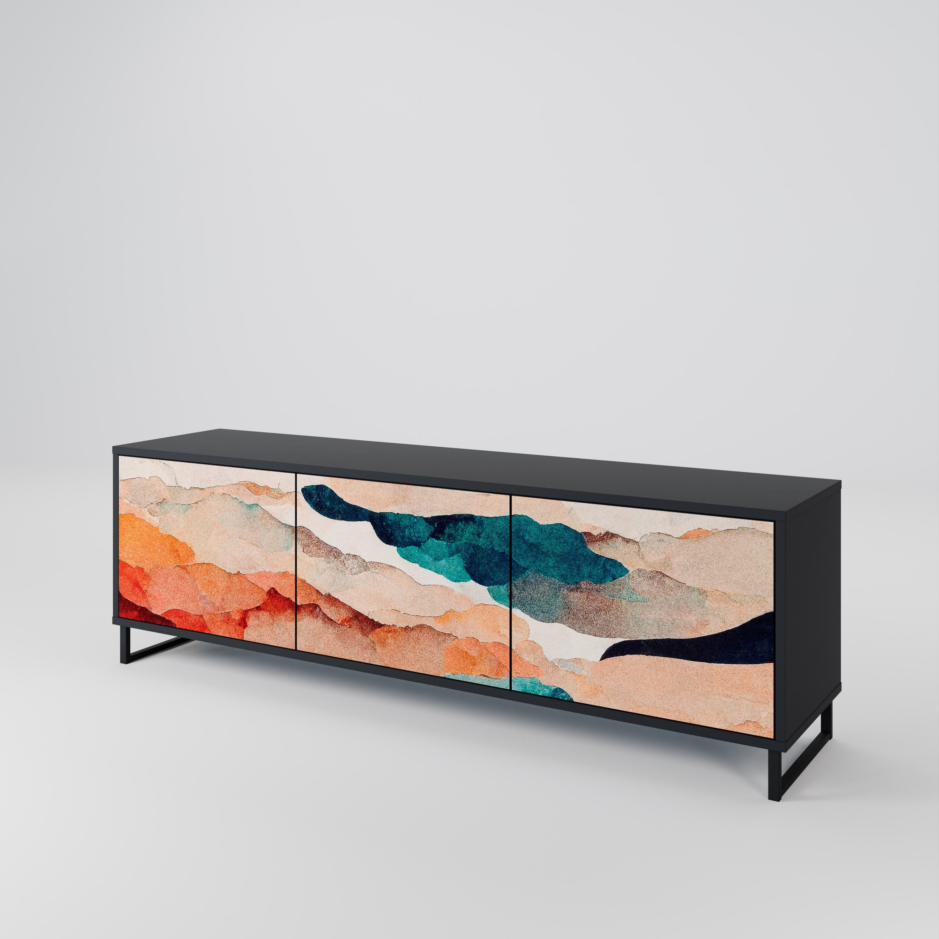 Mueble de TV de 3 puertas PAISAJE ABSTRACTO en acabado negro
