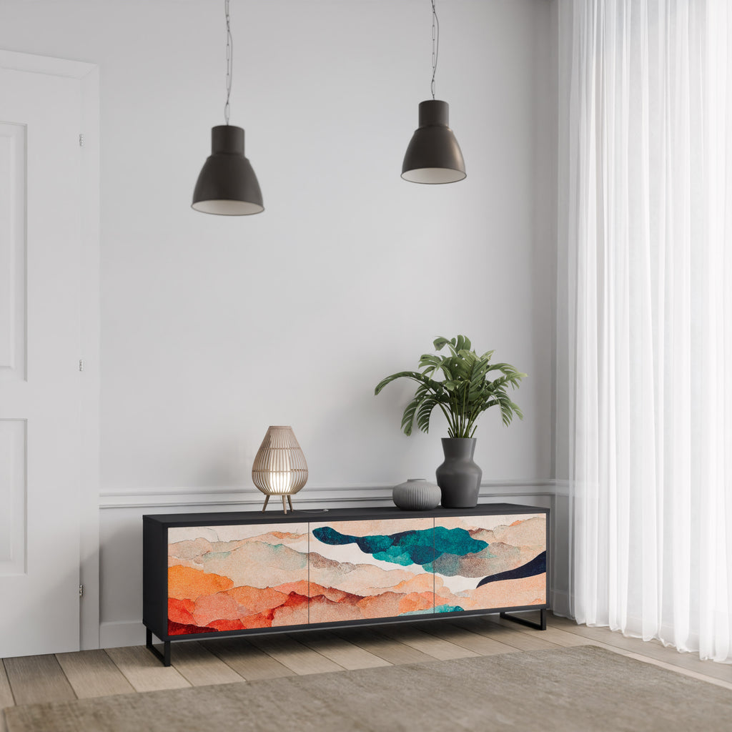 Mueble de TV de 3 puertas PAISAJE ABSTRACTO en acabado negro