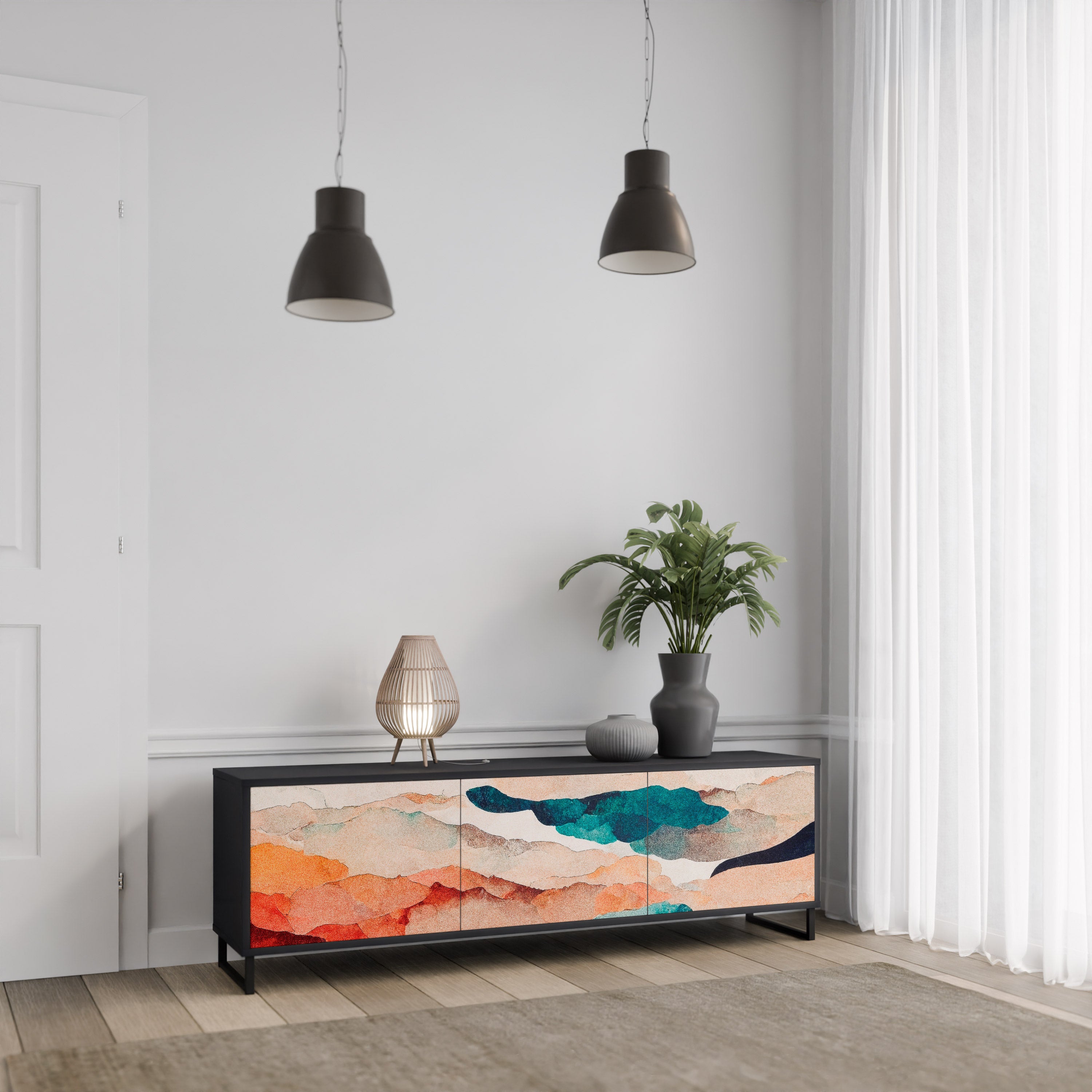 Mueble de TV de 3 puertas PAISAJE ABSTRACTO en acabado negro