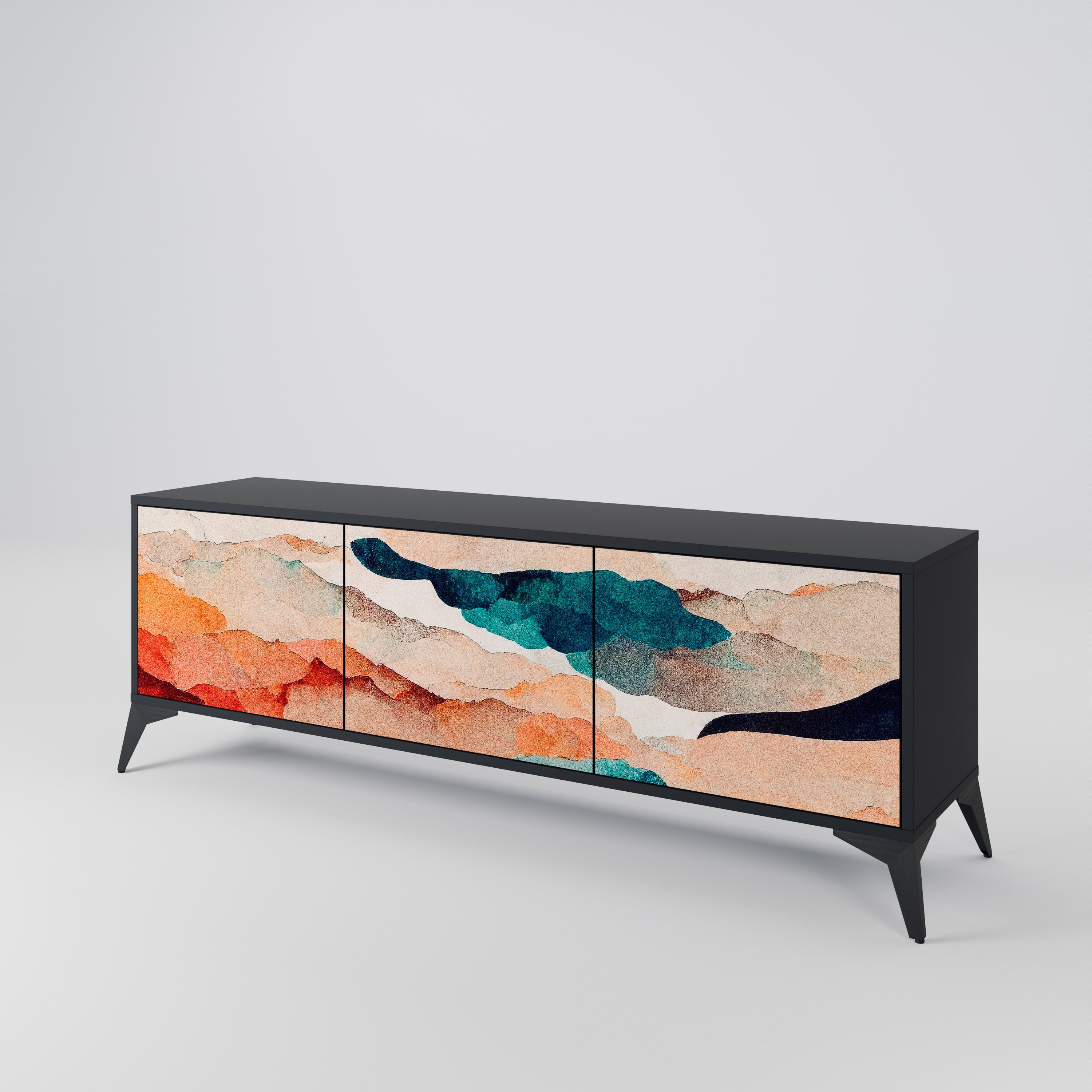 Mueble de TV de 3 puertas PAISAJE ABSTRACTO en acabado negro
