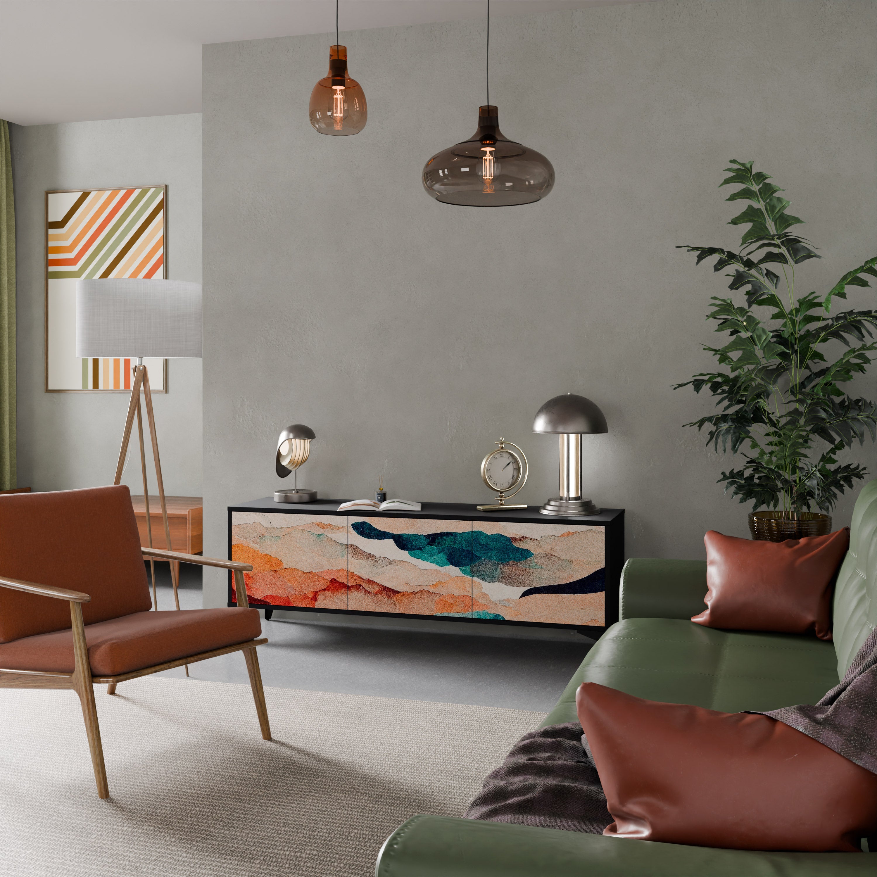 Mueble de TV de 3 puertas PAISAJE ABSTRACTO en acabado negro