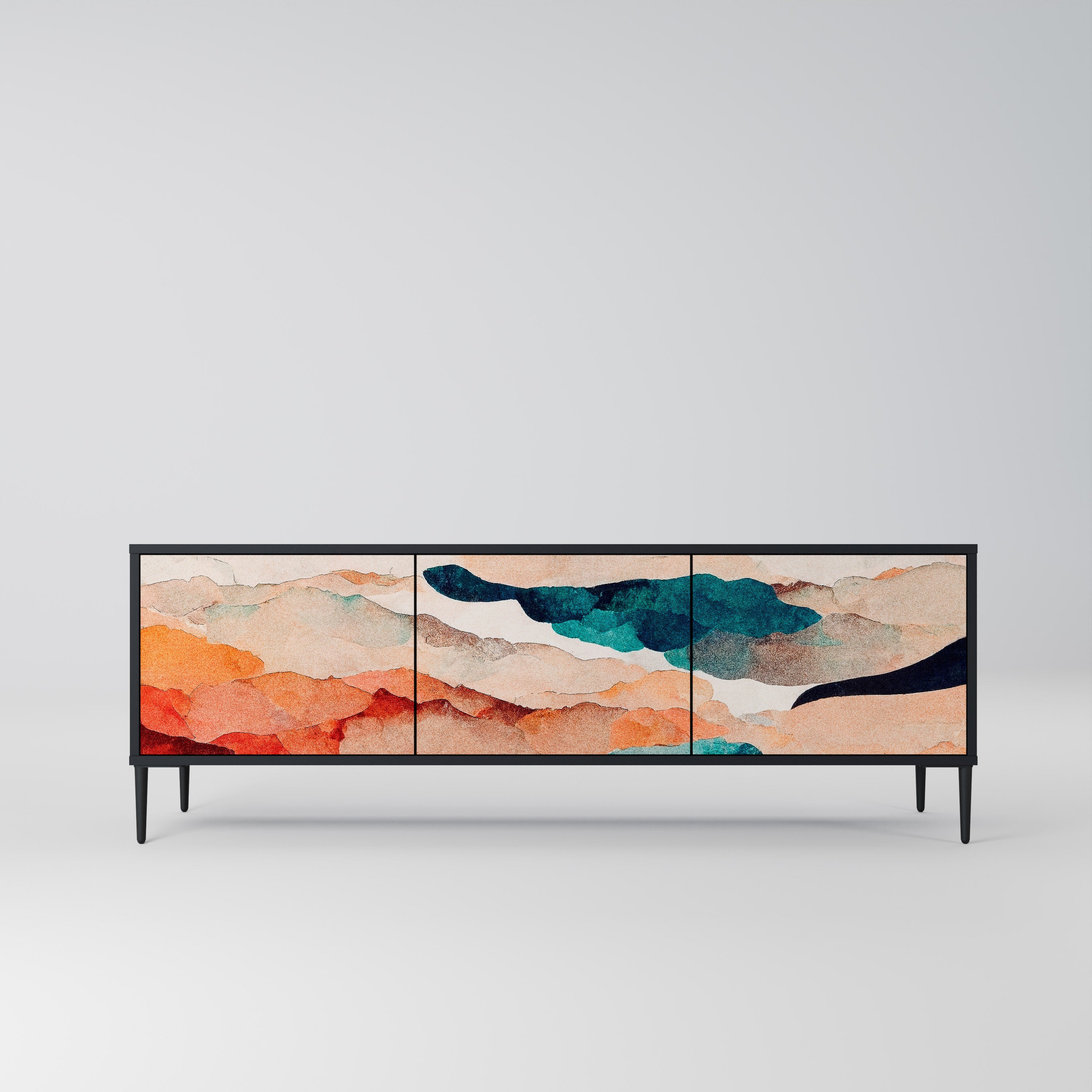 Mueble de TV de 3 puertas PAISAJE ABSTRACTO en acabado negro