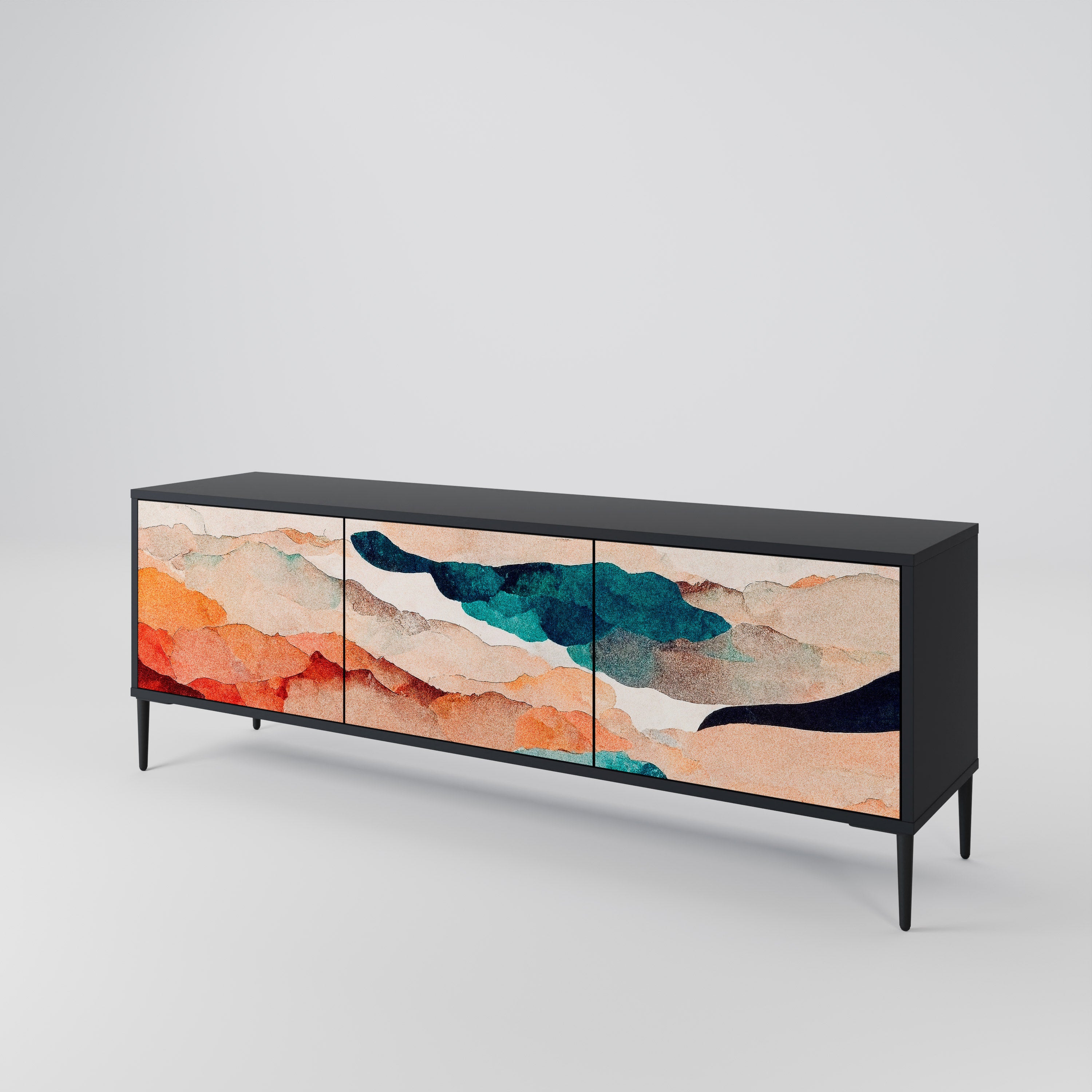 Mueble de TV de 3 puertas PAISAJE ABSTRACTO en acabado negro
