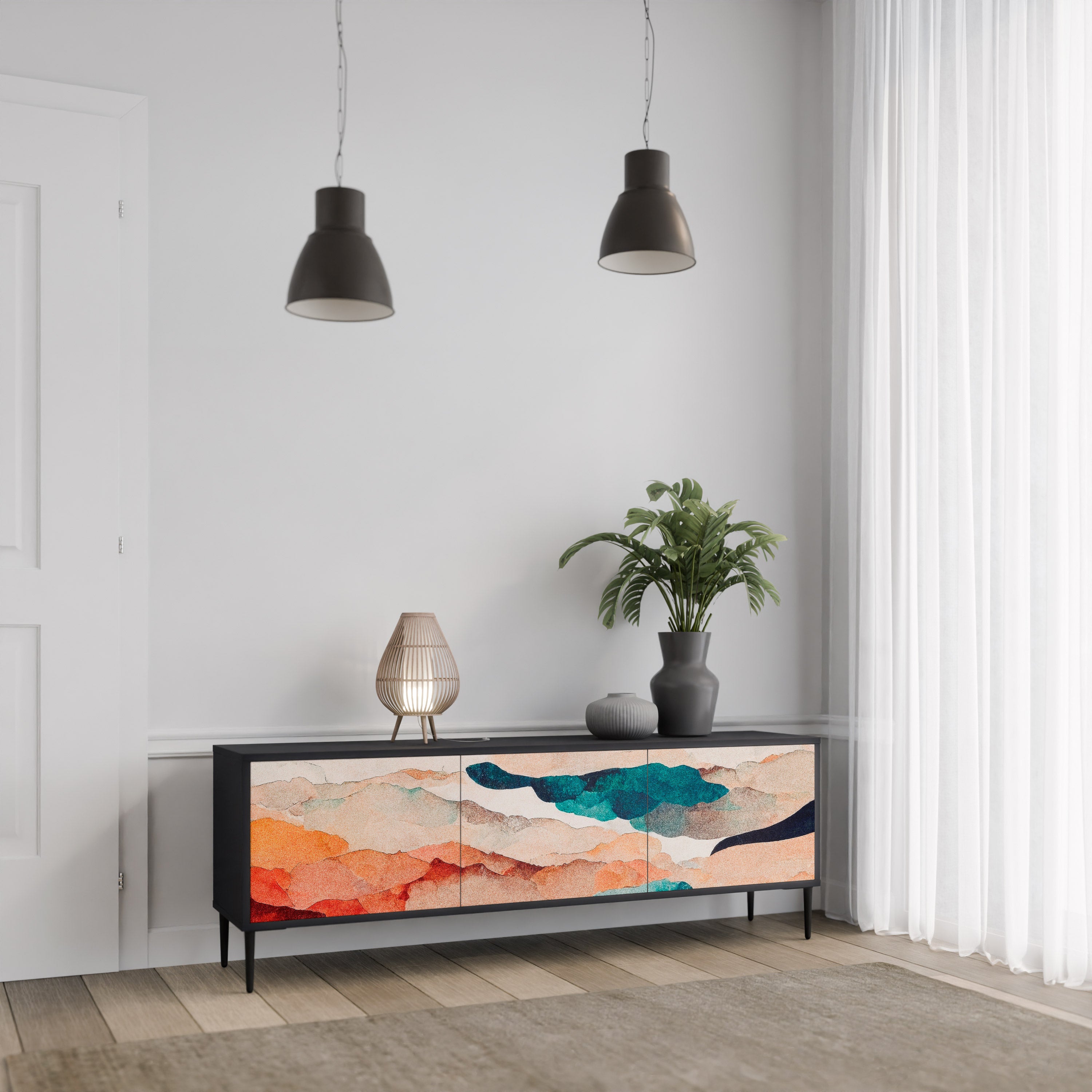Mueble de TV de 3 puertas PAISAJE ABSTRACTO en acabado negro