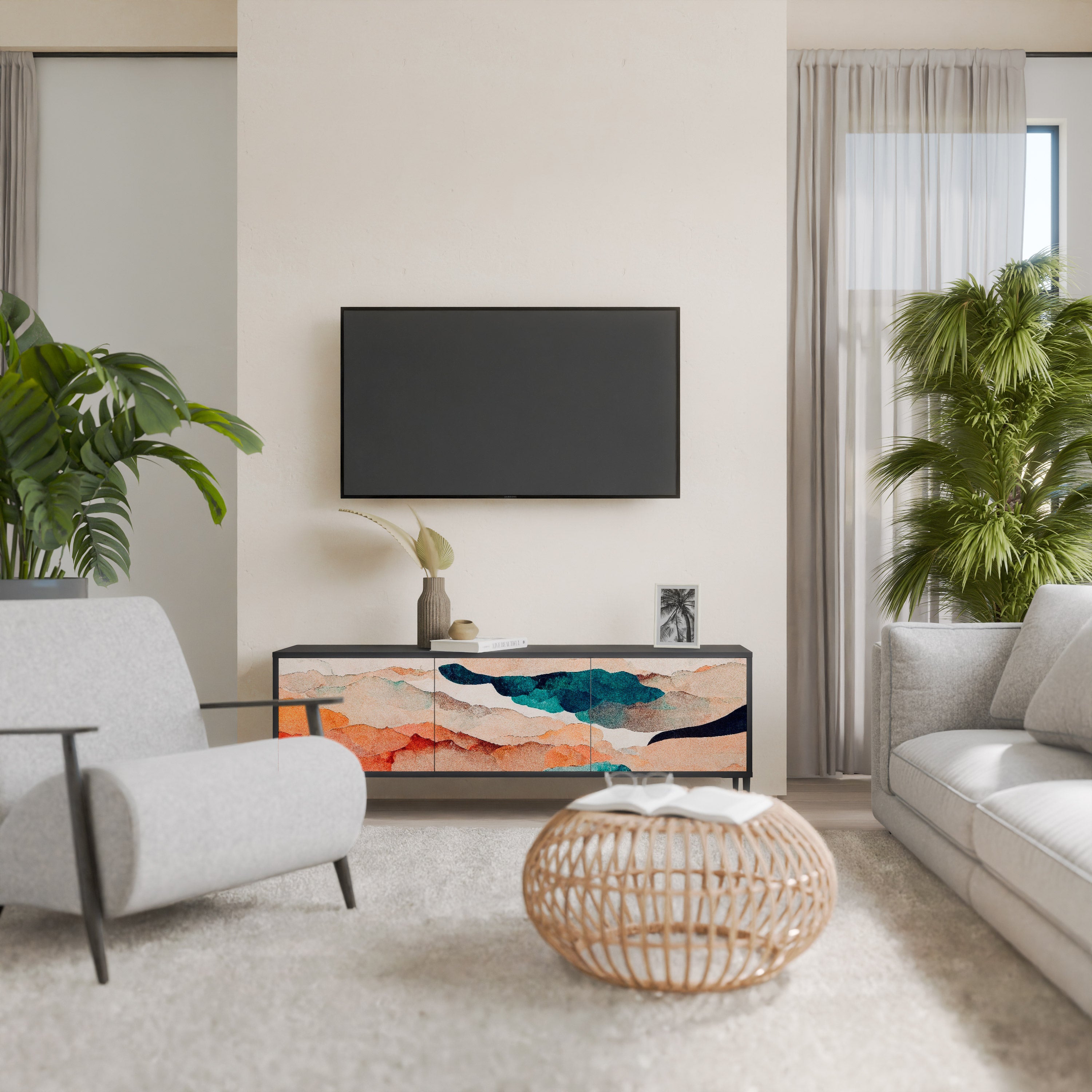 Mueble de TV de 3 puertas PAISAJE ABSTRACTO en acabado negro