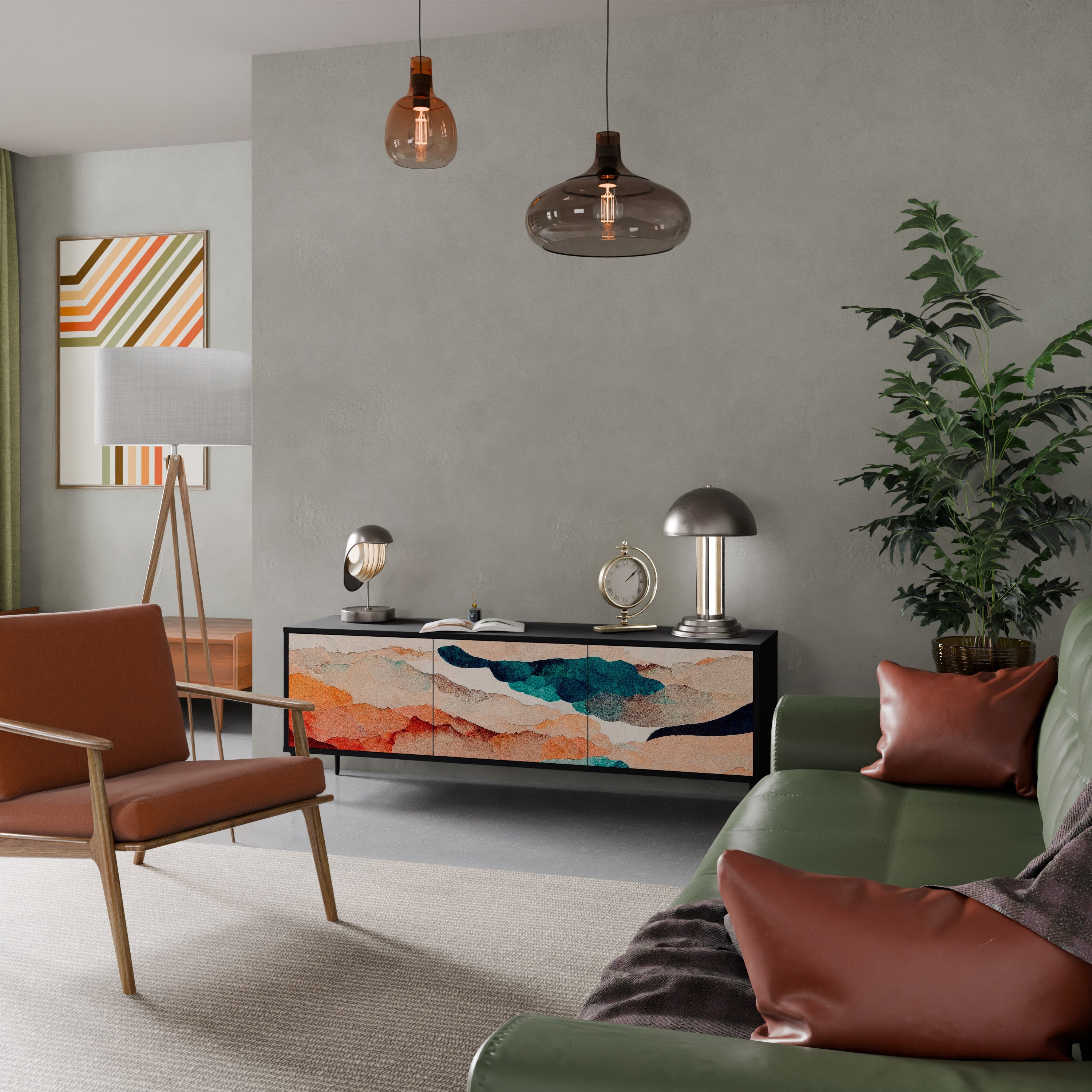 Mueble de TV de 3 puertas PAISAJE ABSTRACTO en acabado negro