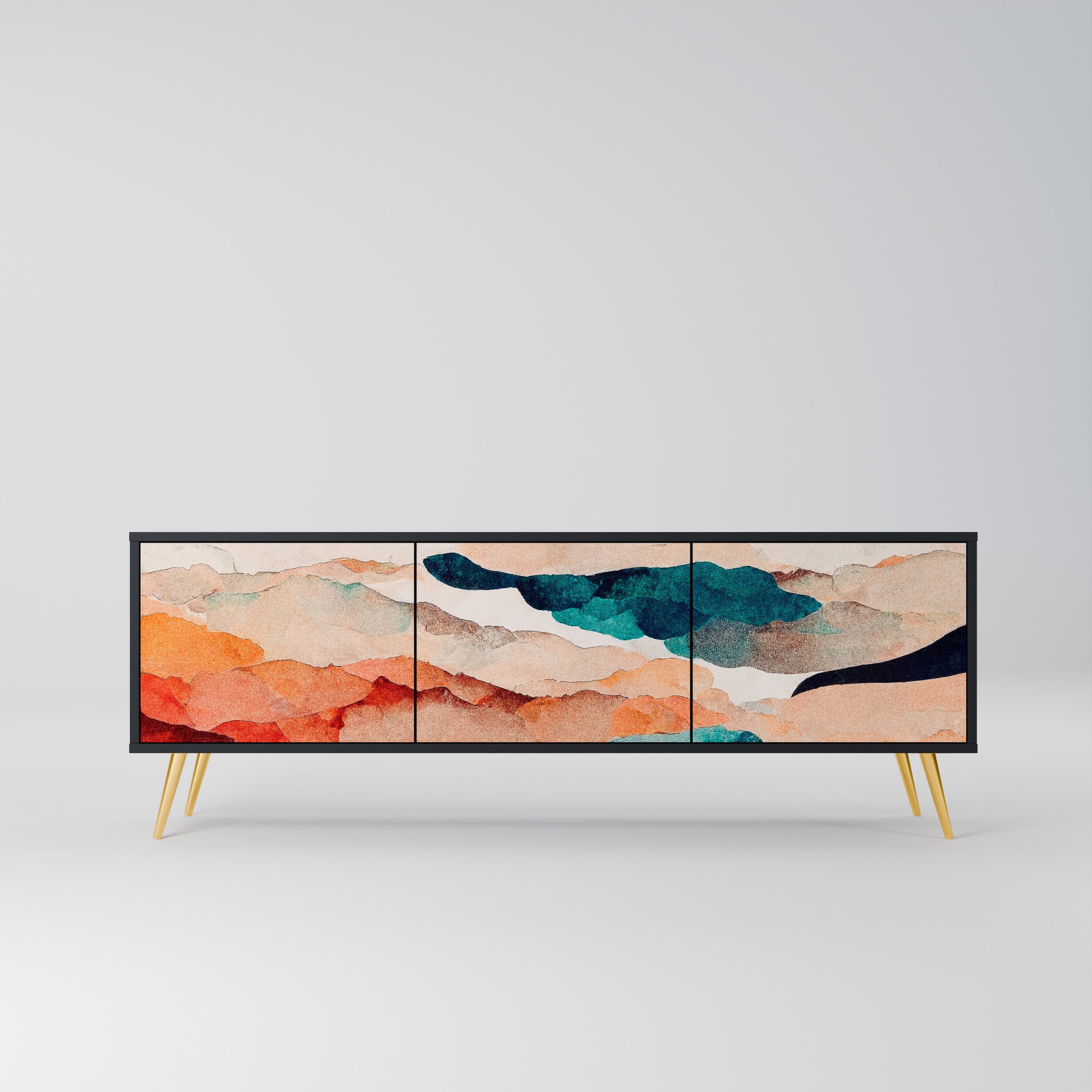 Mueble de TV de 3 puertas PAISAJE ABSTRACTO en acabado negro