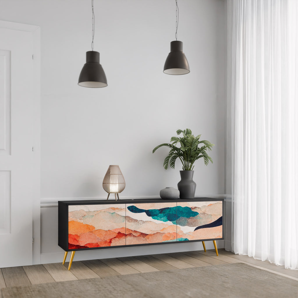 Mueble de TV de 3 puertas PAISAJE ABSTRACTO en acabado negro