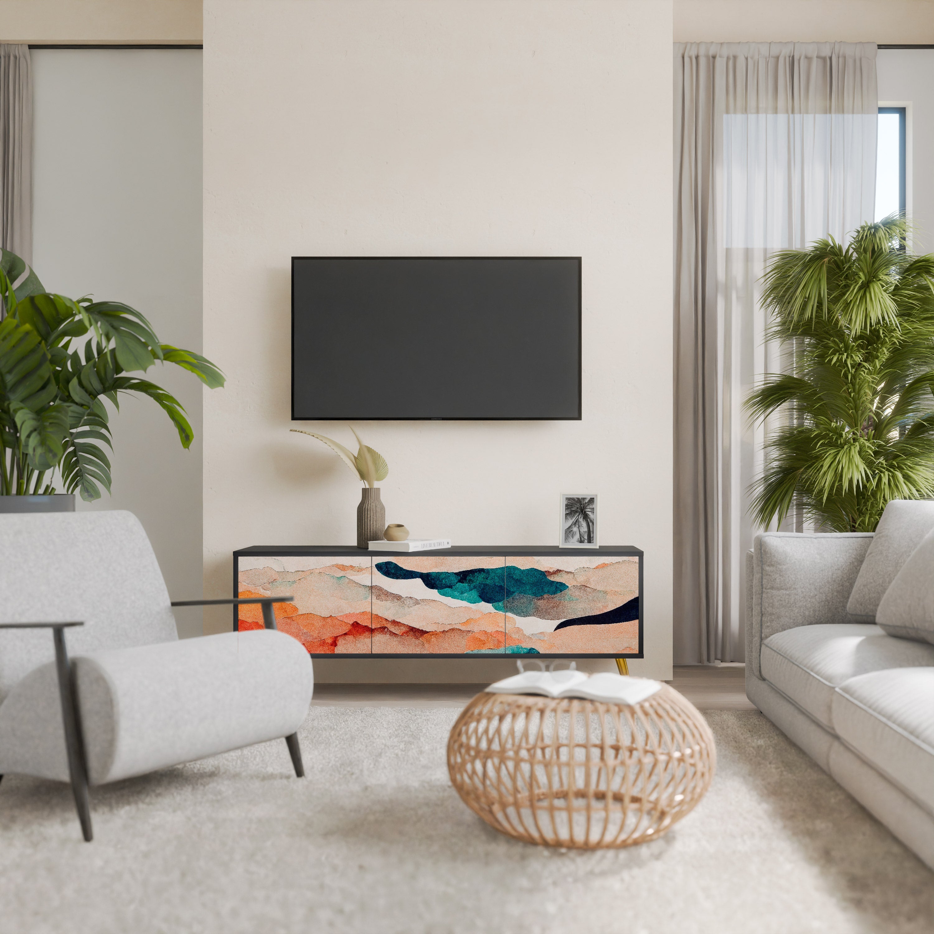 Mueble de TV de 3 puertas PAISAJE ABSTRACTO en acabado negro