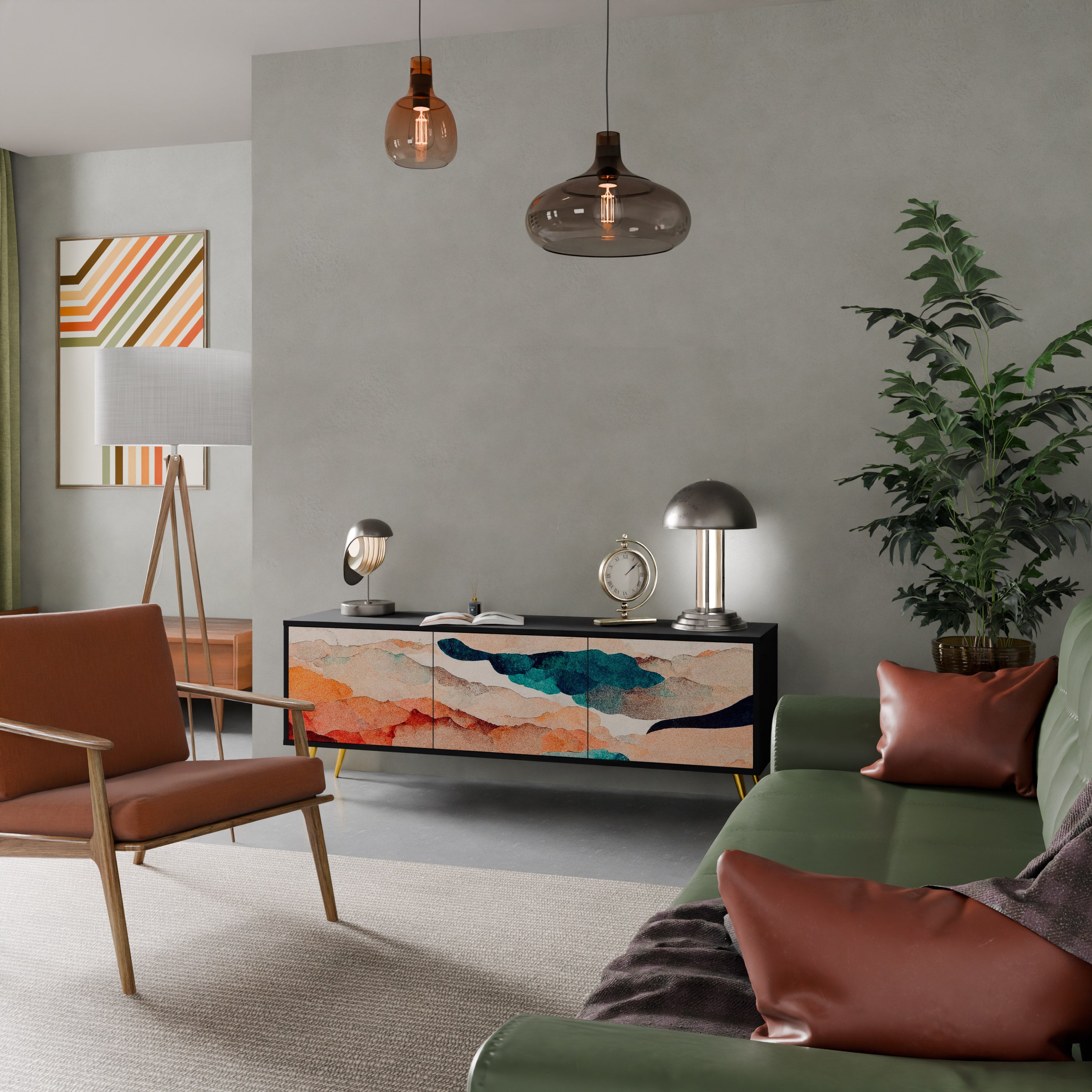Mueble de TV de 3 puertas PAISAJE ABSTRACTO en acabado negro