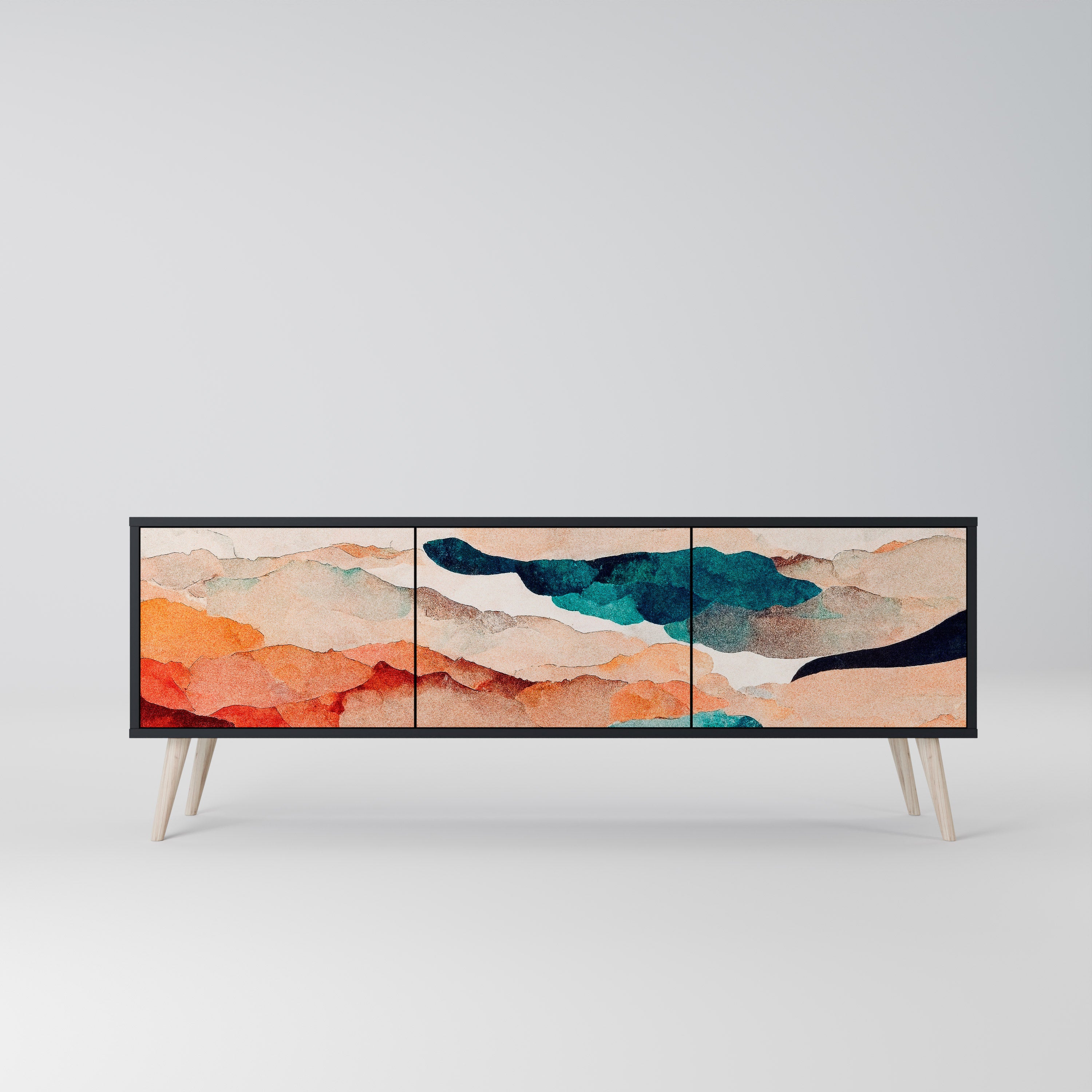 Mueble de TV de 3 puertas PAISAJE ABSTRACTO en acabado negro
