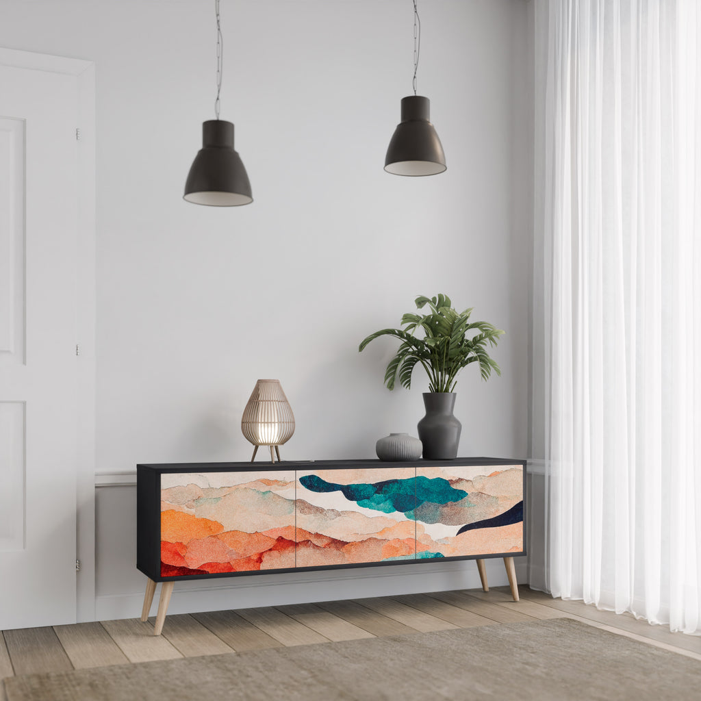 Mueble de TV de 3 puertas PAISAJE ABSTRACTO en acabado negro