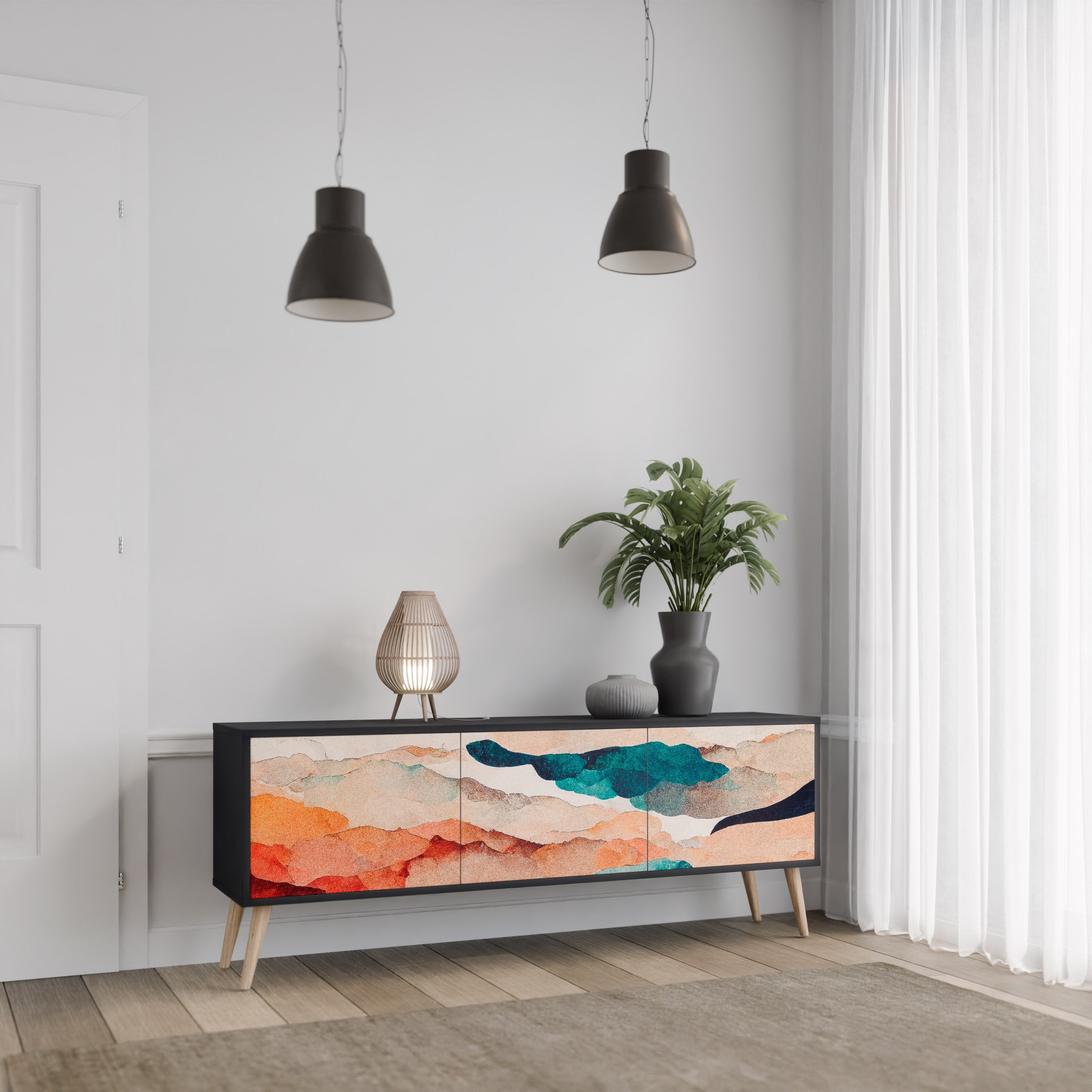 Mueble de TV de 3 puertas PAISAJE ABSTRACTO en acabado negro