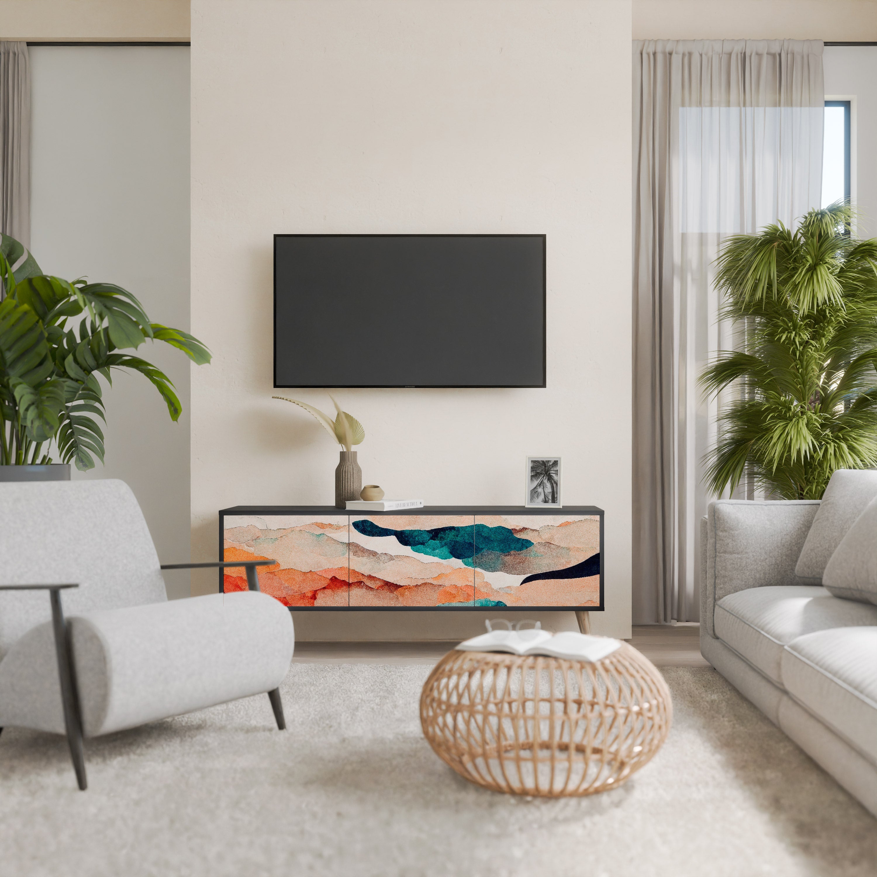 Mueble de TV de 3 puertas PAISAJE ABSTRACTO en acabado negro