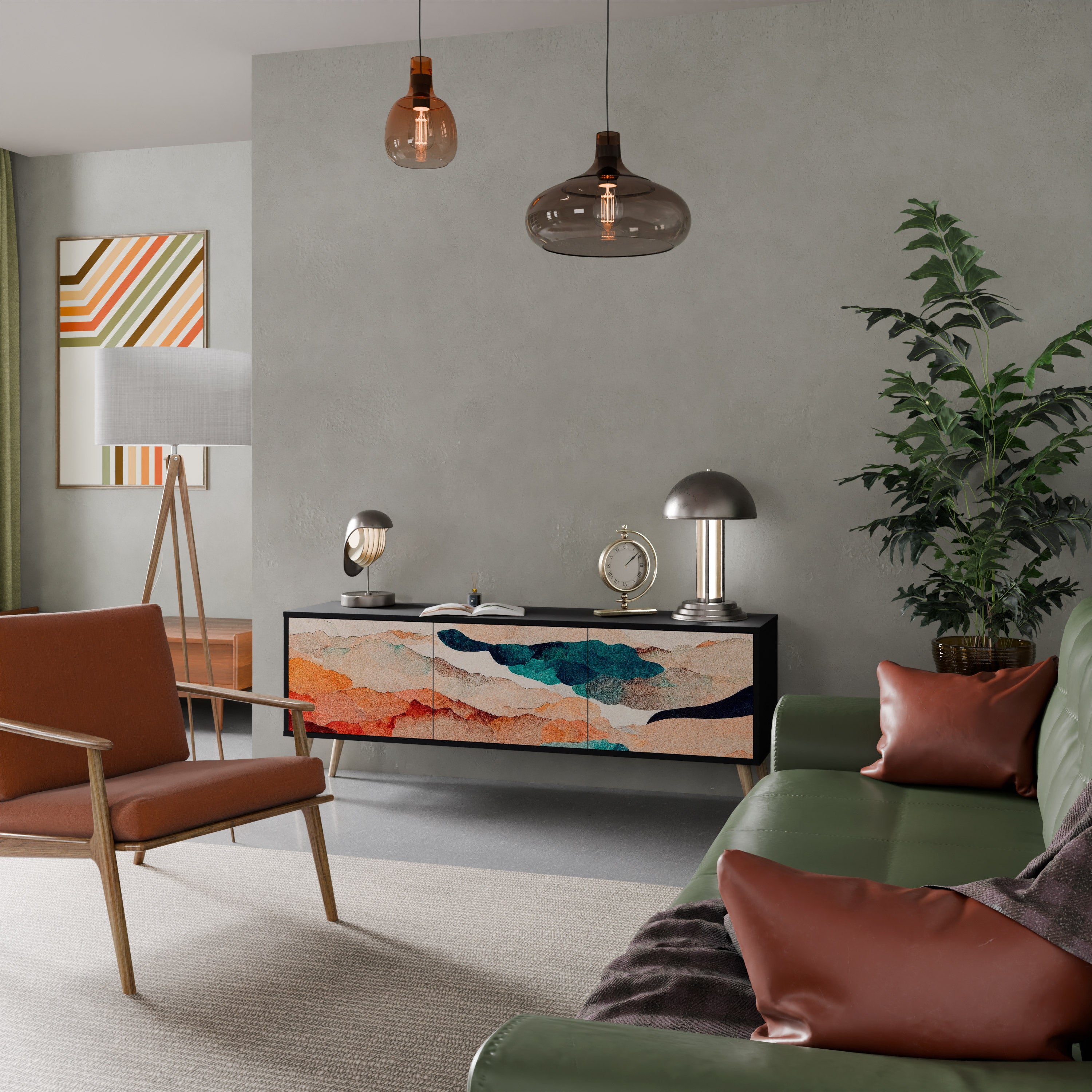 Mueble de TV de 3 puertas PAISAJE ABSTRACTO en acabado negro