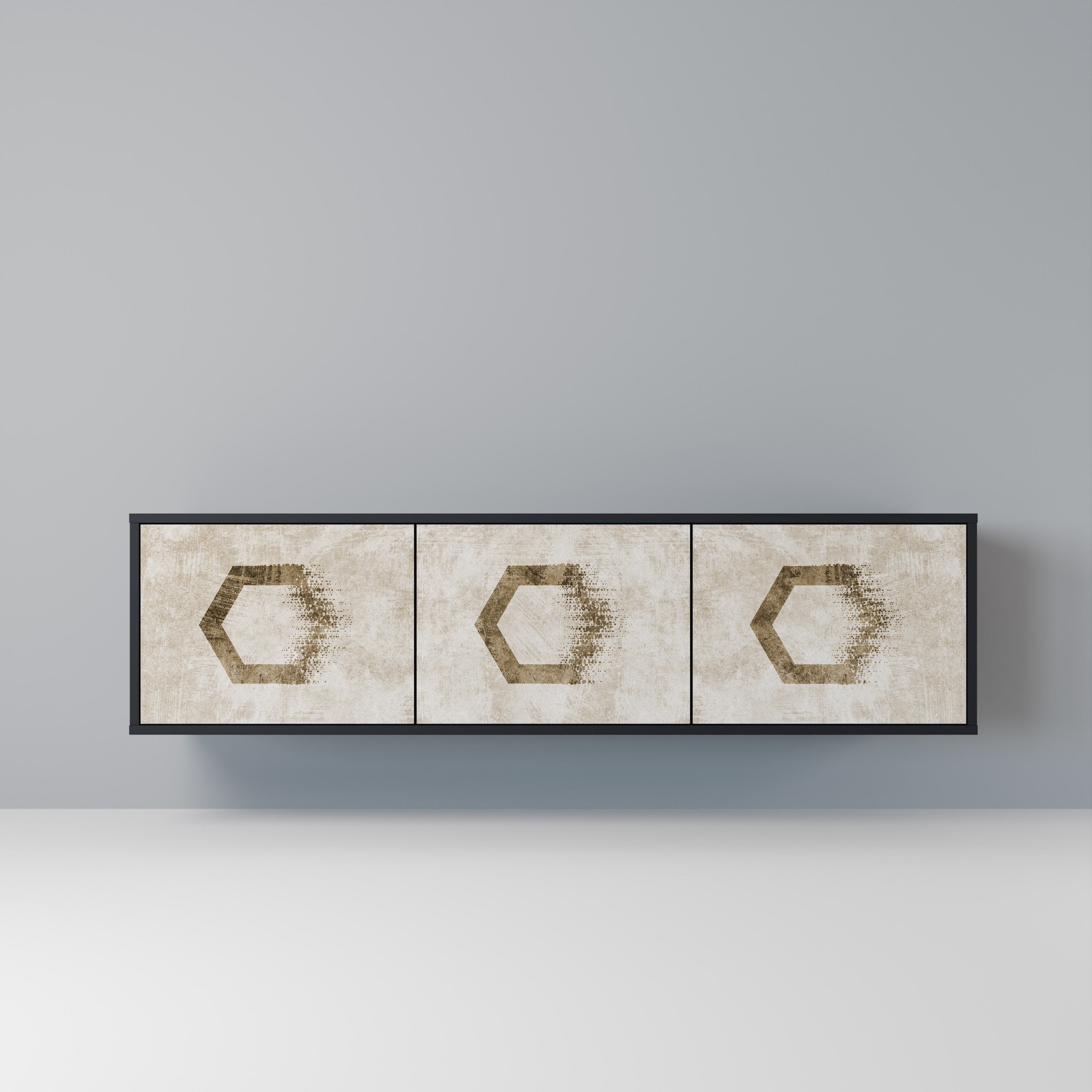 Mueble de TV de 3 puertas con formas hexagonales en acabado negro