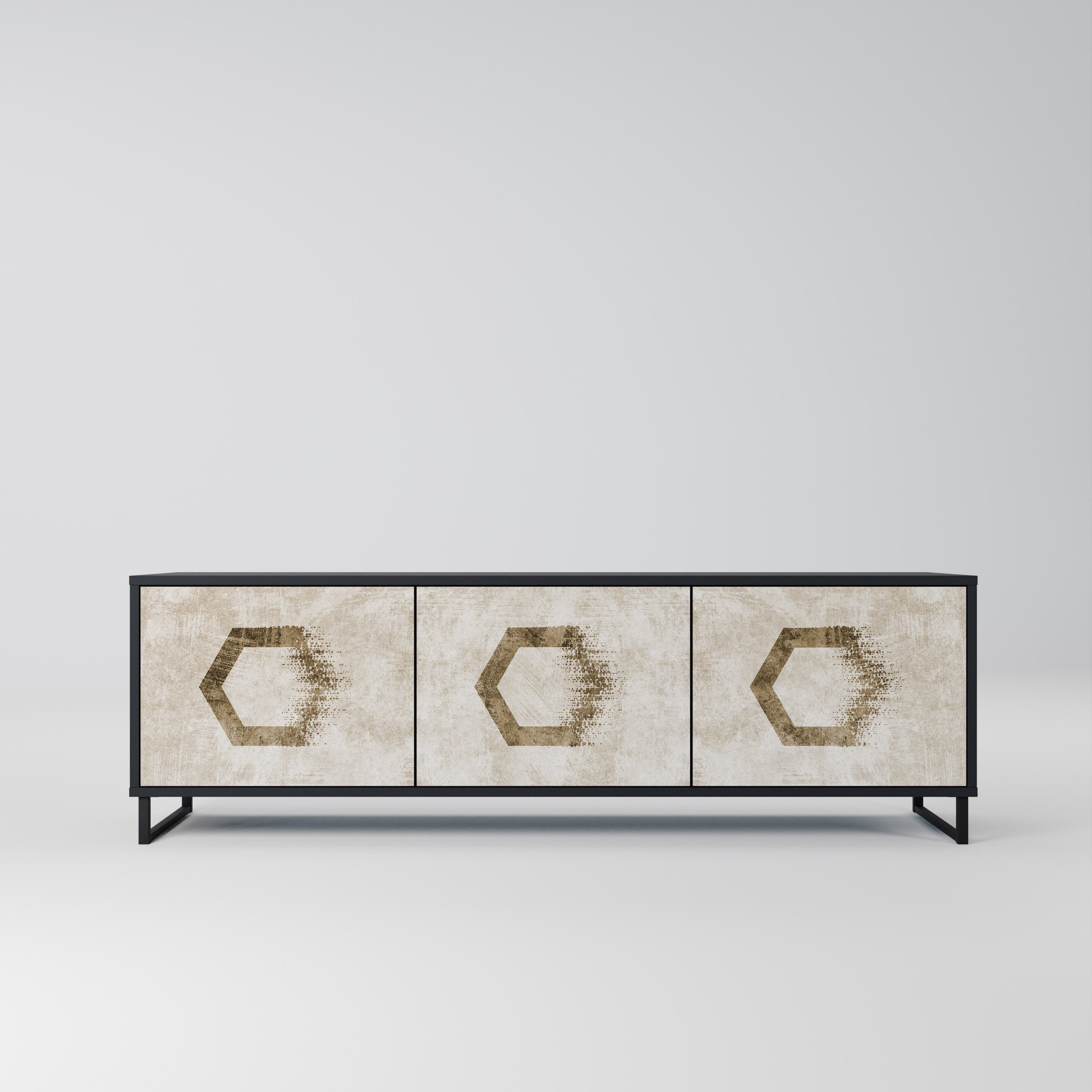 Mueble de TV de 3 puertas con formas hexagonales en acabado negro