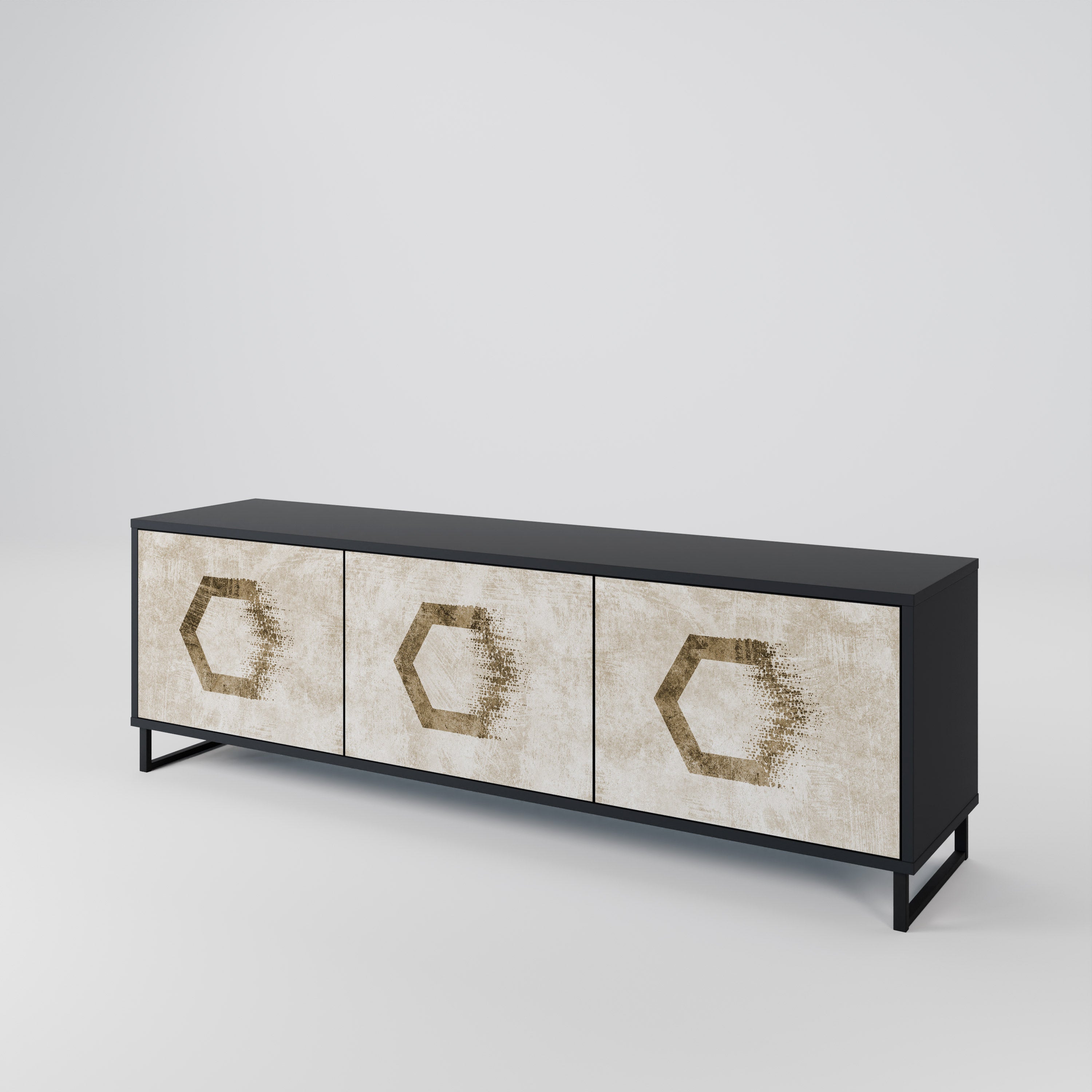 Mueble de TV de 3 puertas con formas hexagonales en acabado negro