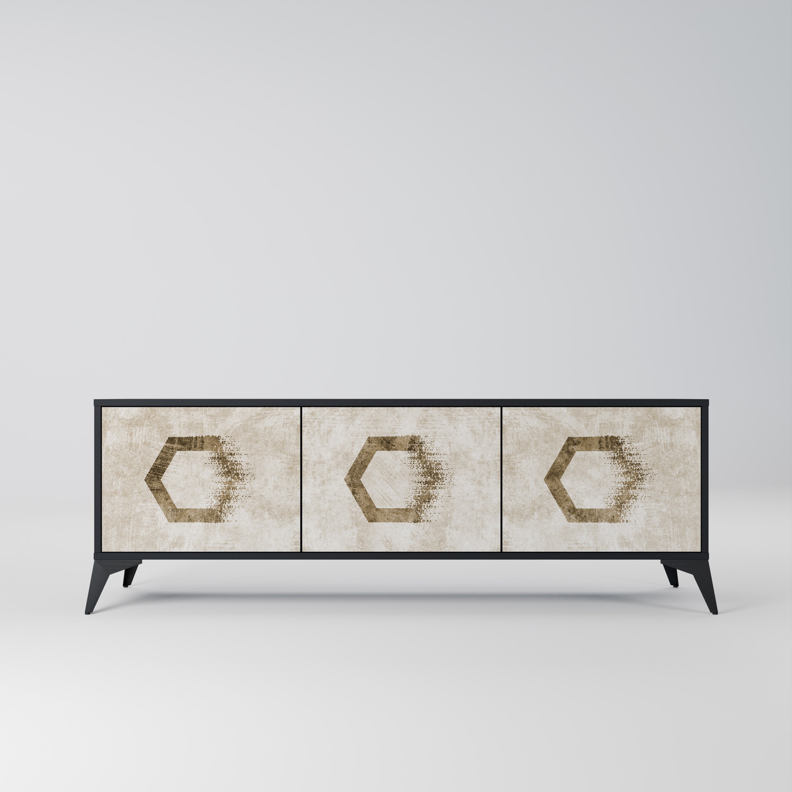 Mueble de TV de 3 puertas con formas hexagonales en acabado negro
