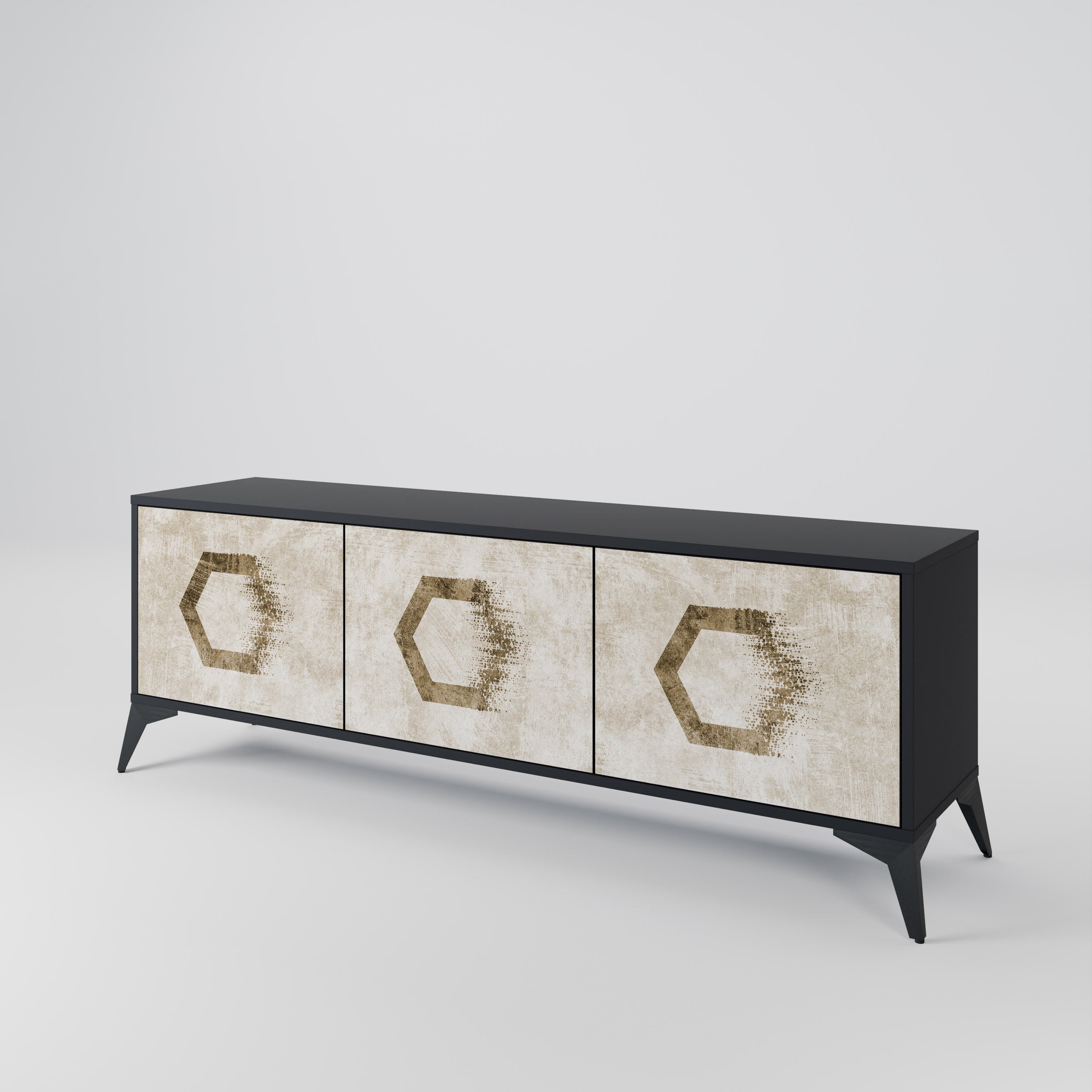 Mueble de TV de 3 puertas con formas hexagonales en acabado negro