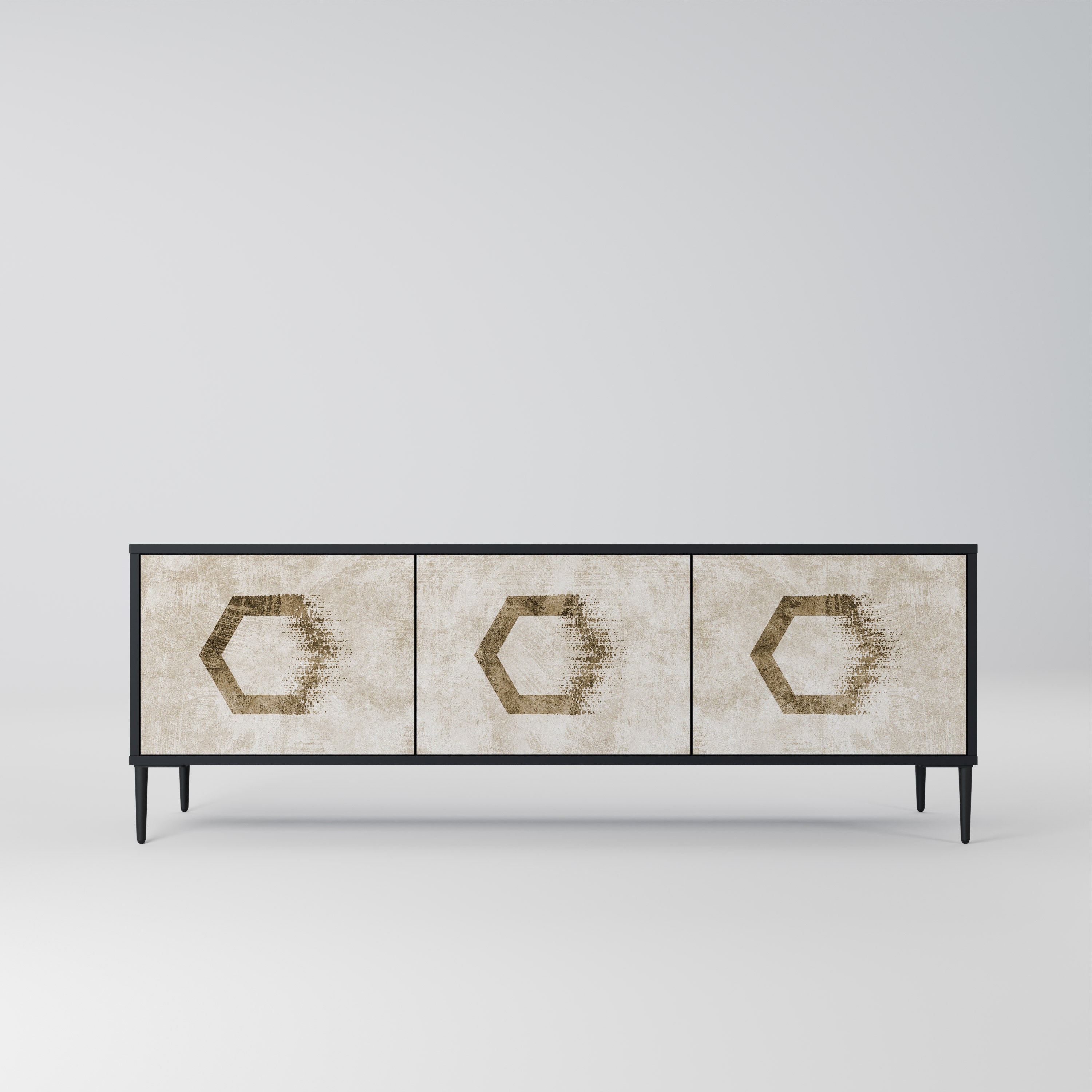 Mueble de TV de 3 puertas con formas hexagonales en acabado negro