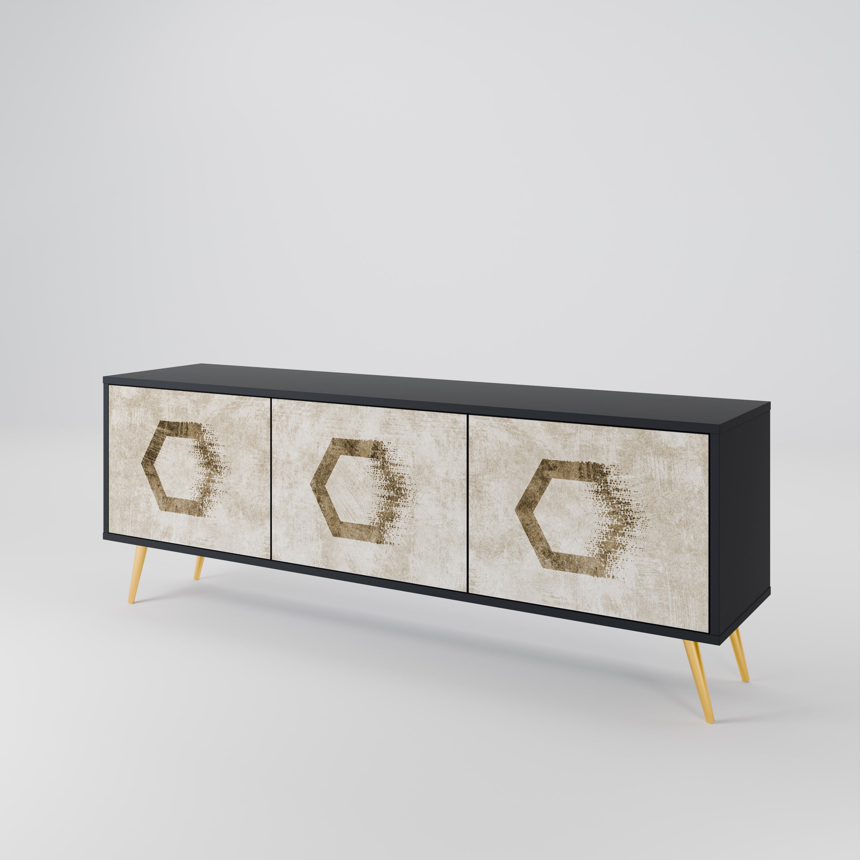 Mueble de TV de 3 puertas con formas hexagonales en acabado negro