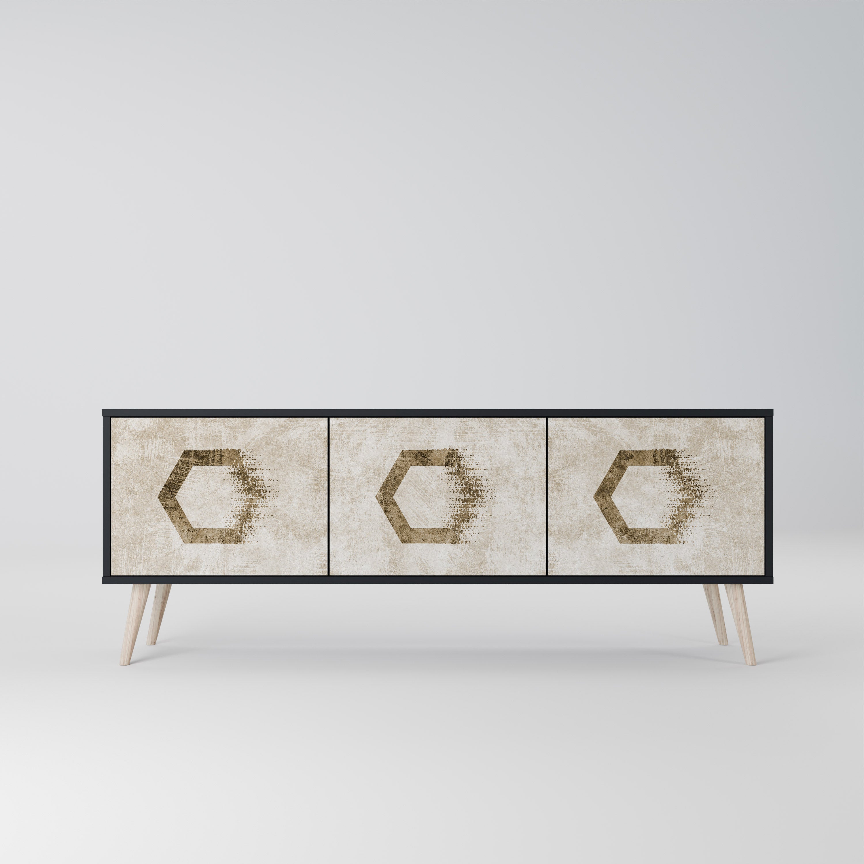 Mueble de TV de 3 puertas con formas hexagonales en acabado negro