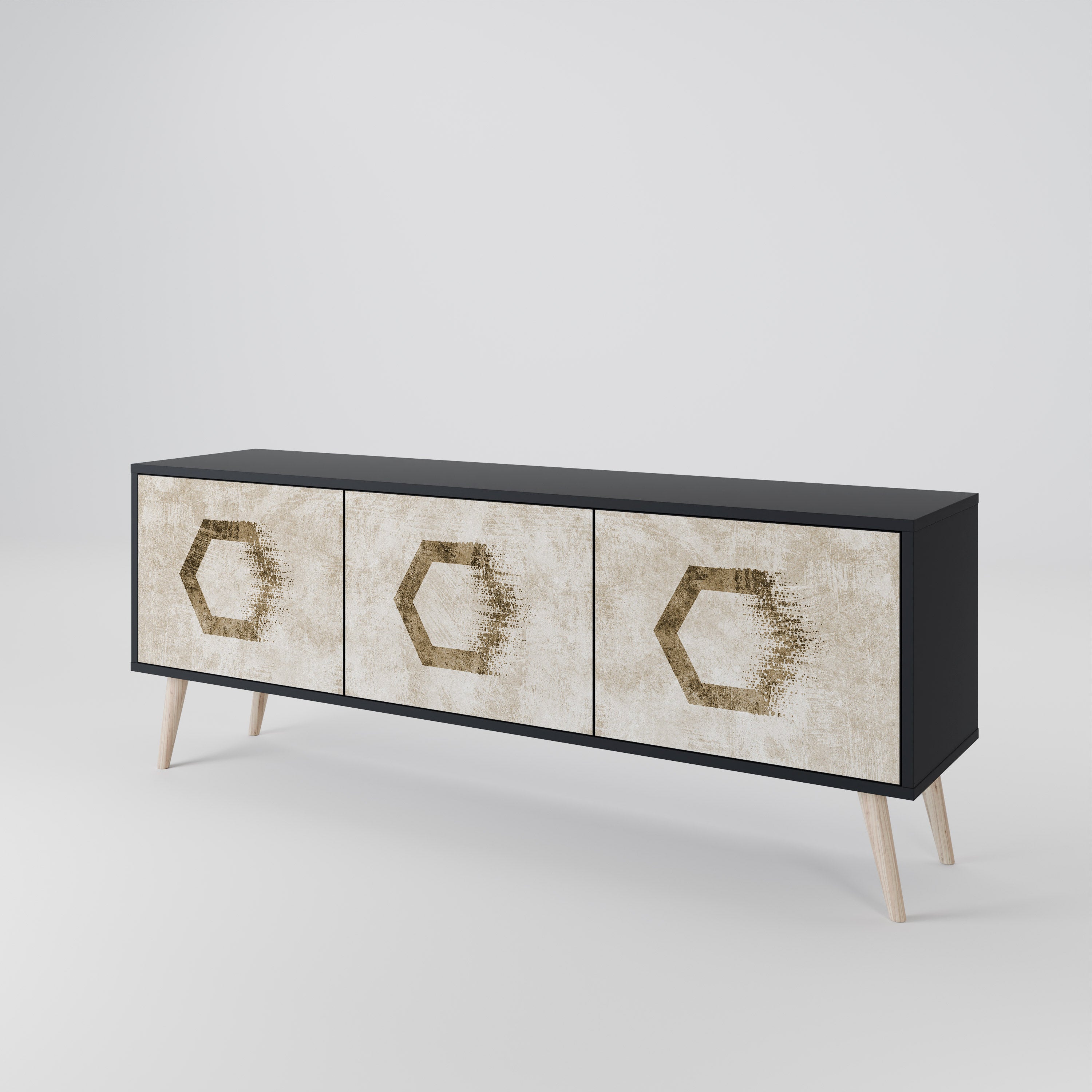Mueble de TV de 3 puertas con formas hexagonales en acabado negro