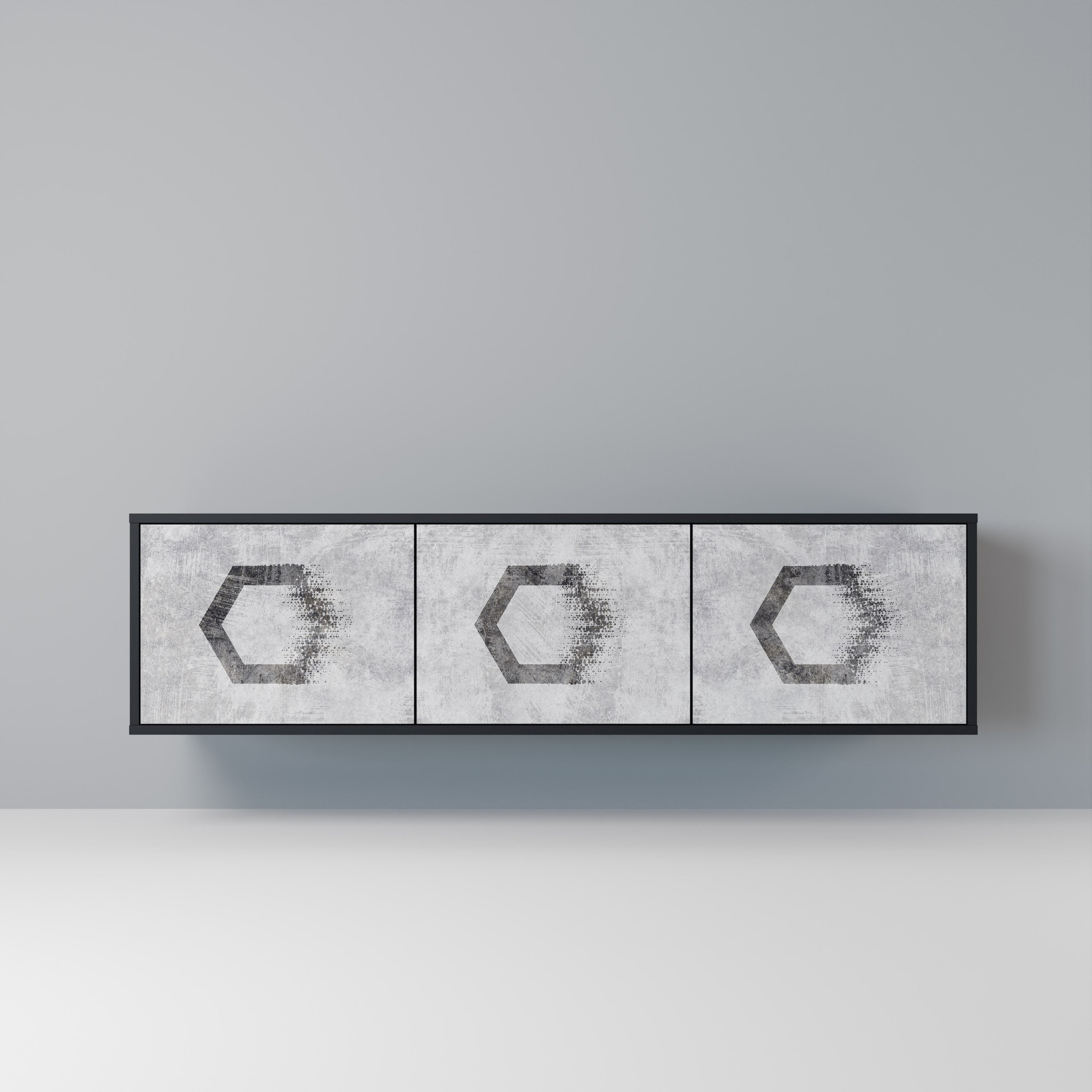 Mueble de TV de 3 puertas con figuras hexagonales en acabado negro