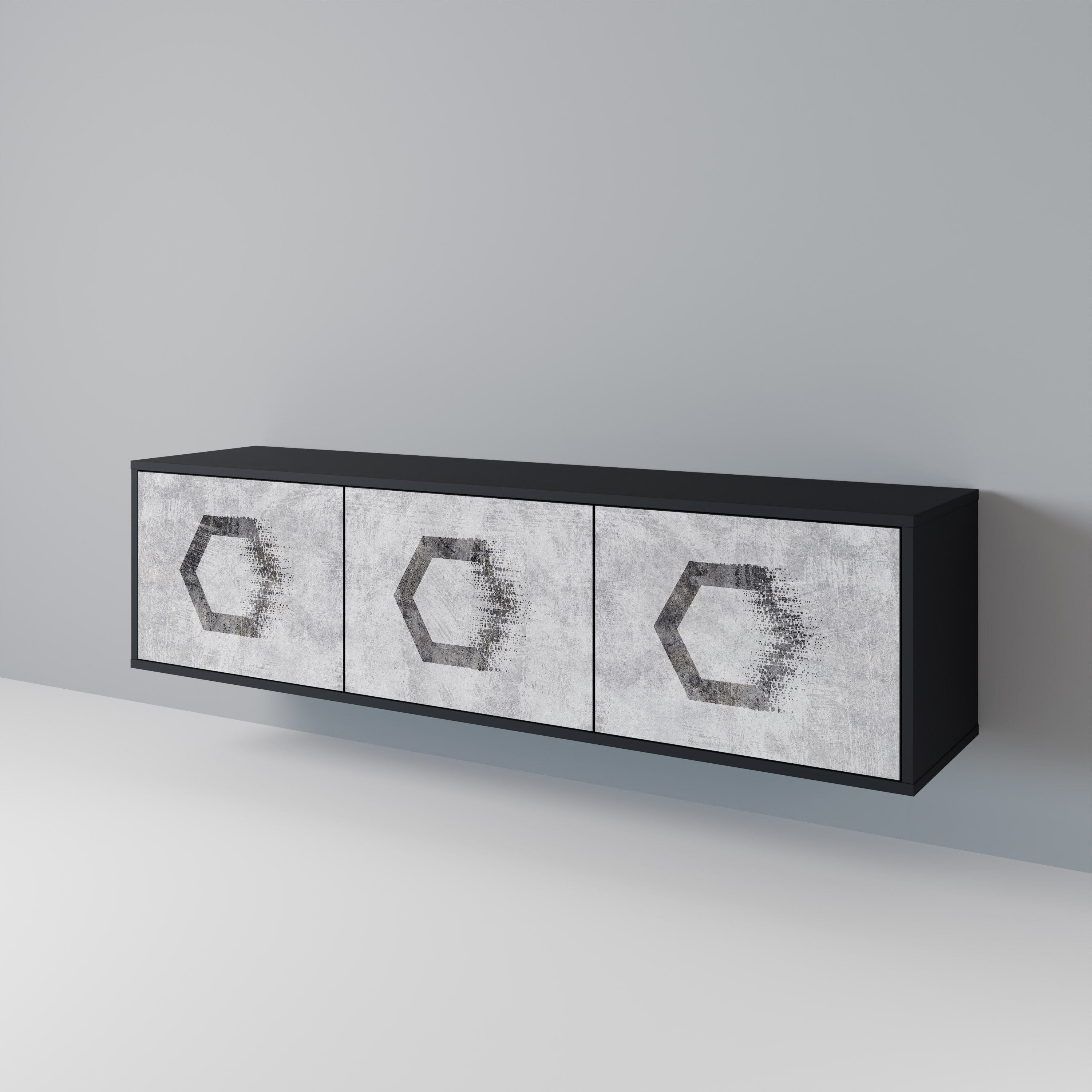 Mueble de TV de 3 puertas con figuras hexagonales en acabado negro