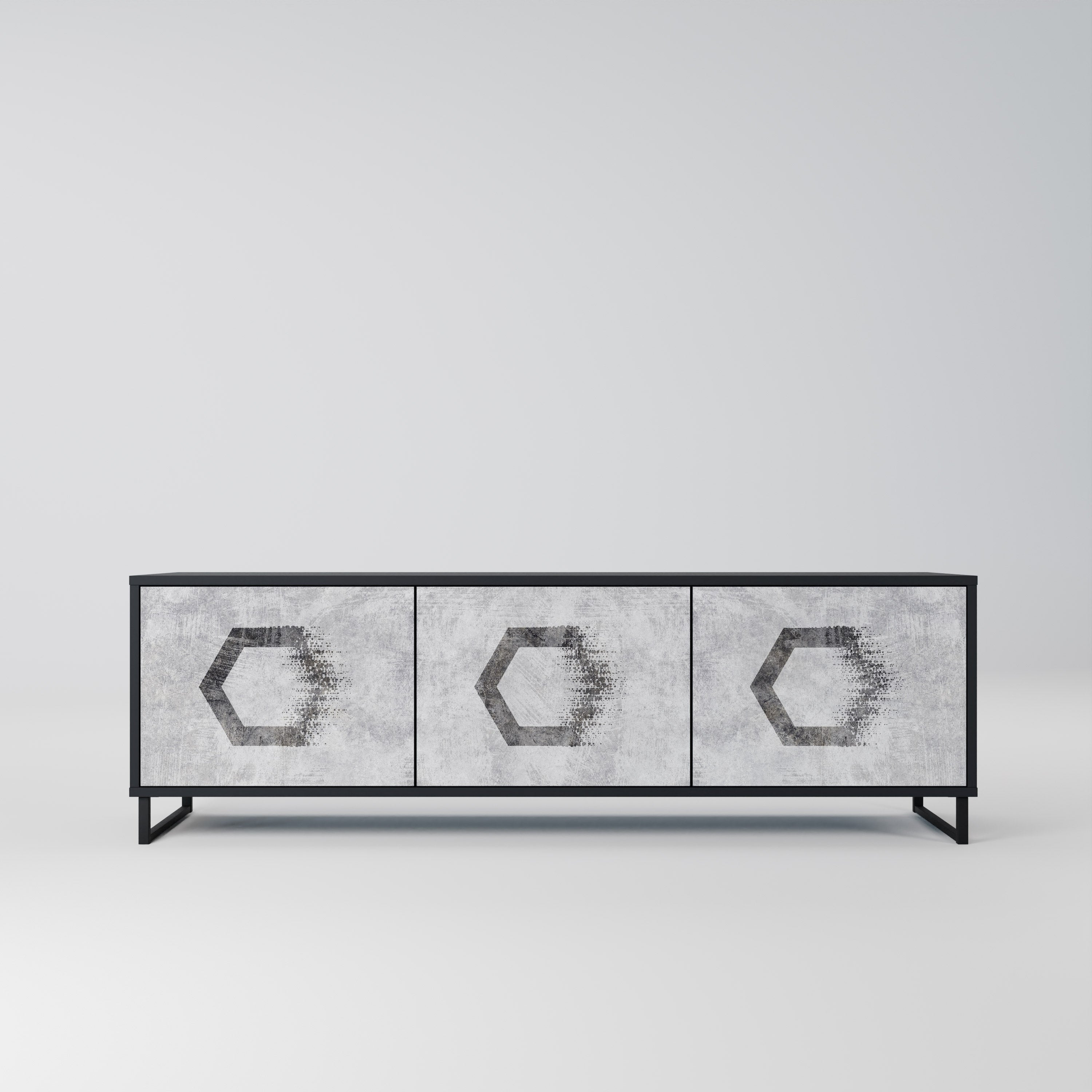 Mueble de TV de 3 puertas con figuras hexagonales en acabado negro